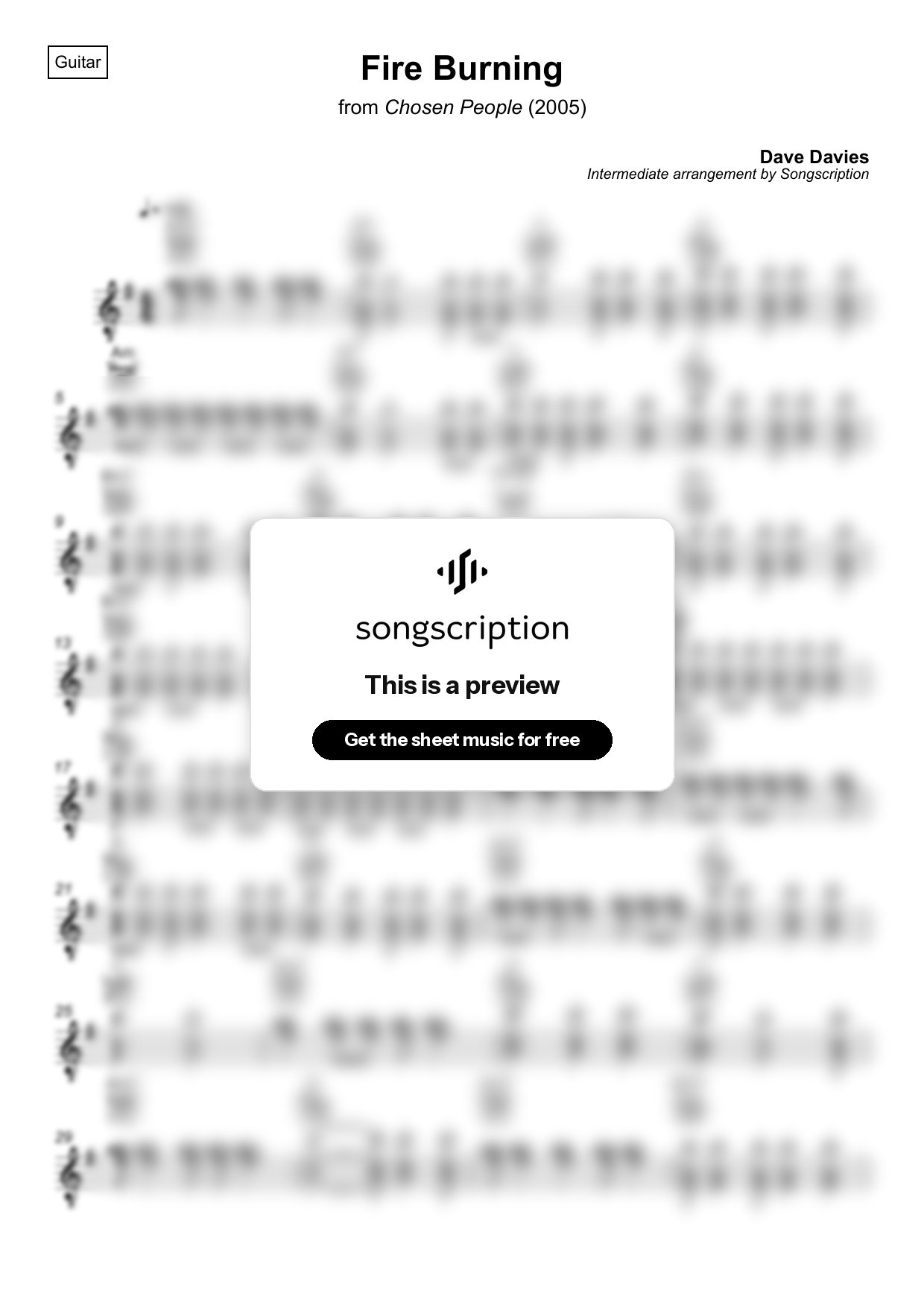 Intermediate Acoustic Guitar Sheet Music for "Fire Burning" by Dave Davies