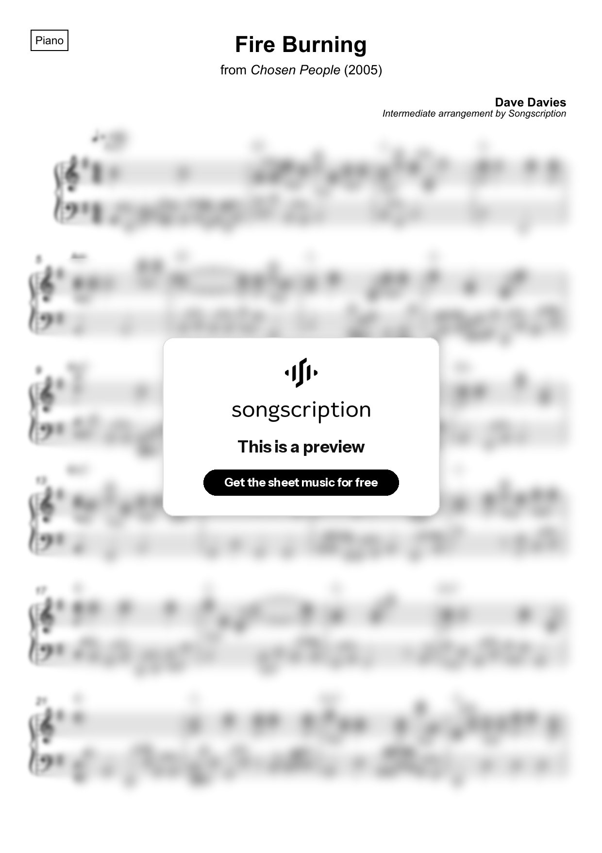 Intermediate Piano Sheet Music for "Fire Burning" by Dave Davies