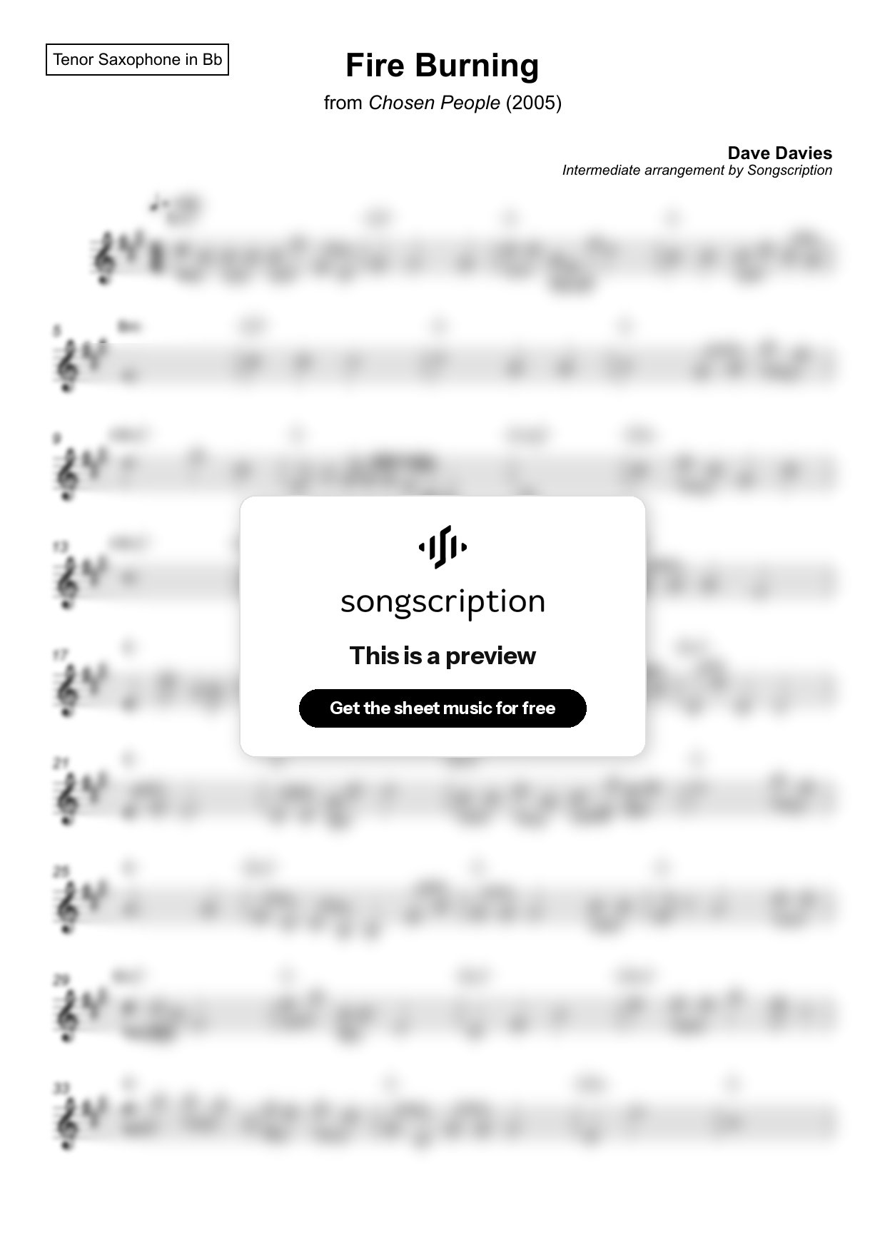 Intermediate Tenor Sax Sheet Music for "Fire Burning" by Dave Davies