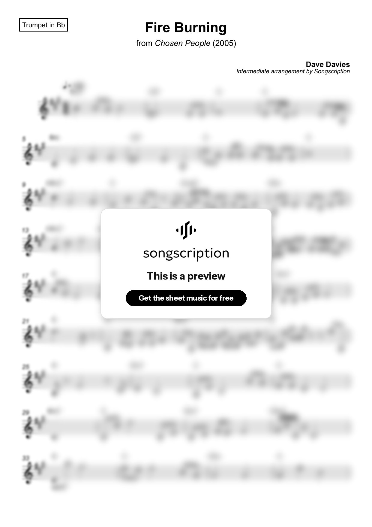 Intermediate Trumpet Sheet Music for "Fire Burning" by Dave Davies