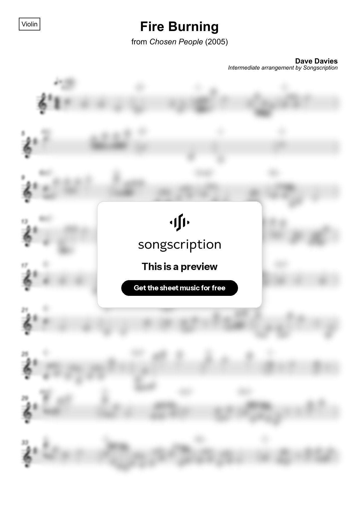 Intermediate Violin Sheet Music for "Fire Burning" by Dave Davies
