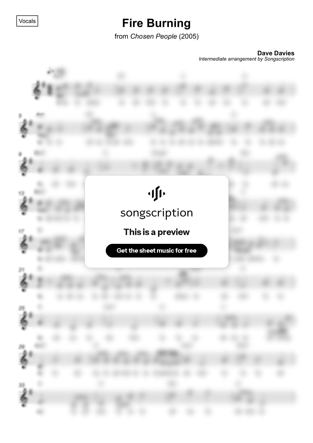 Intermediate Vocals Sheet Music for "Fire Burning" by Dave Davies