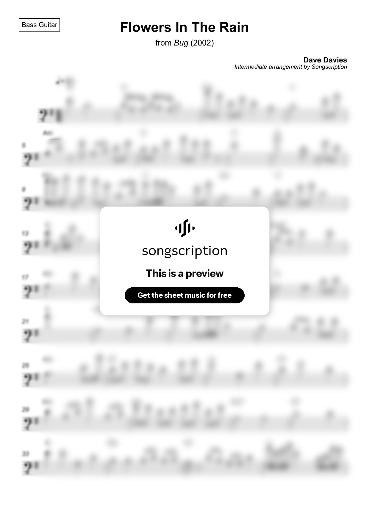 Intermediate Bass Guitar Sheet Music for "Flowers In The Rain" by Dave Davies