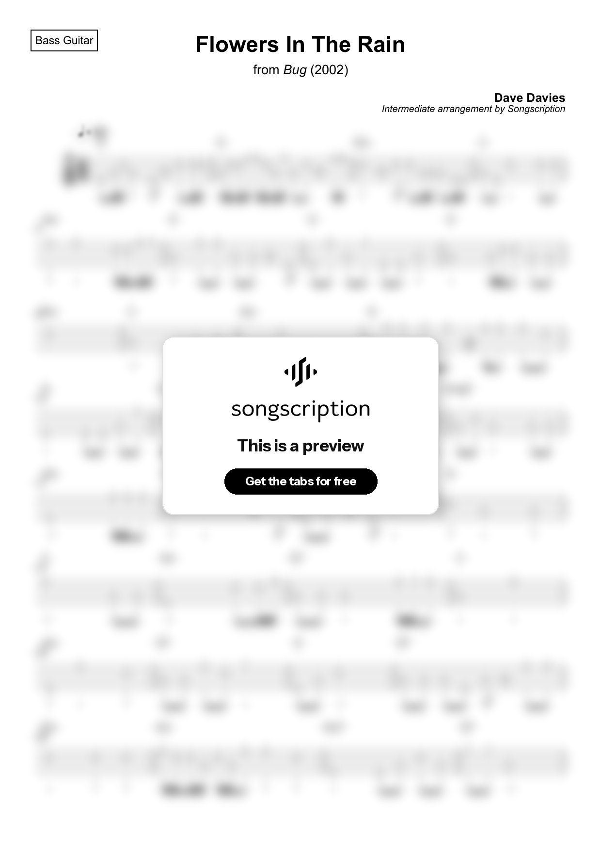 Intermediate Bass Guitar Tabs for "Flowers In The Rain" by Dave Davies