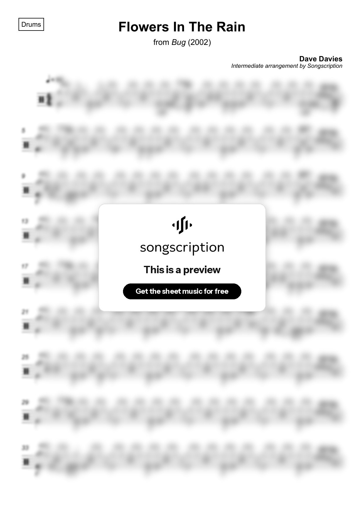 Intermediate Drums Sheet Music for "Flowers In The Rain" by Dave Davies