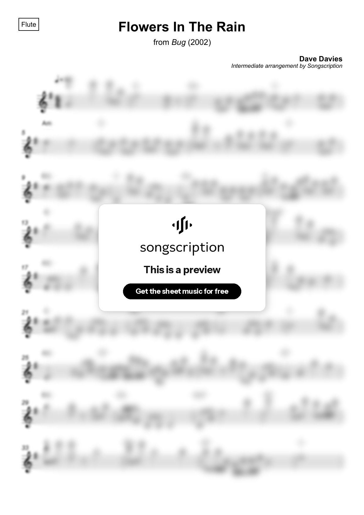 Intermediate Flute Sheet Music for "Flowers In The Rain" by Dave Davies