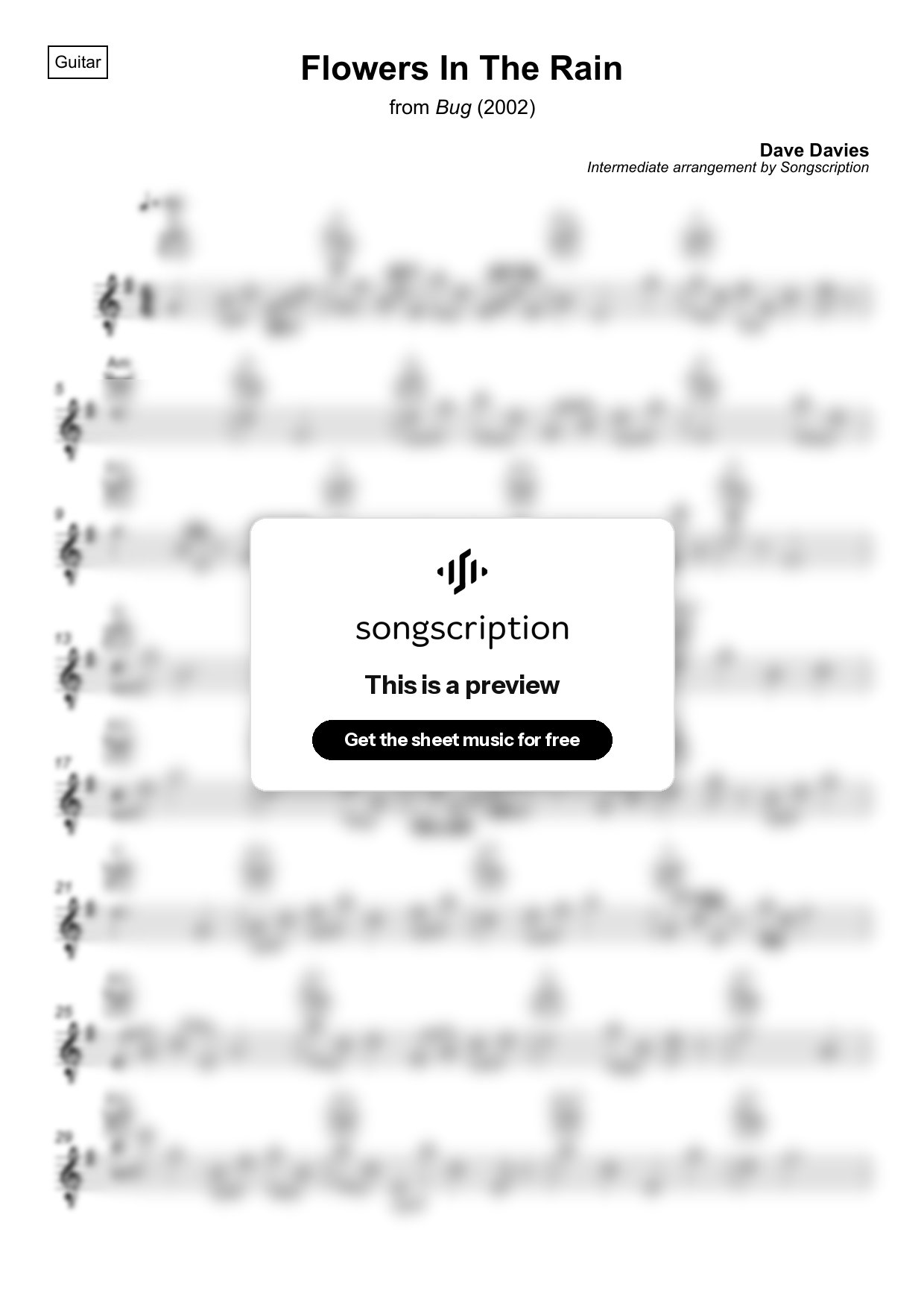 Intermediate Acoustic Guitar Sheet Music for "Flowers In The Rain" by Dave Davies