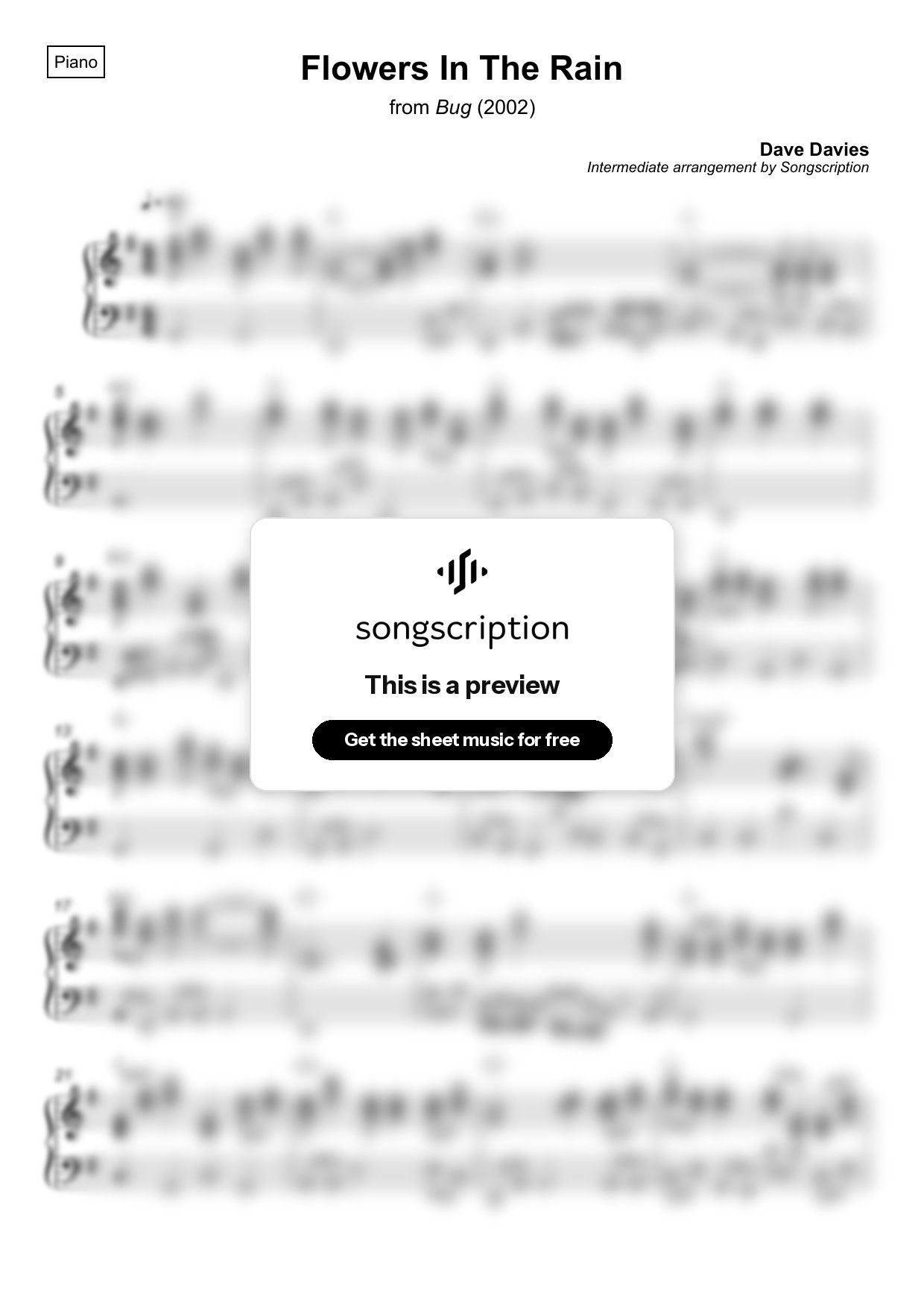 Intermediate Piano Sheet Music for "Flowers In The Rain" by Dave Davies