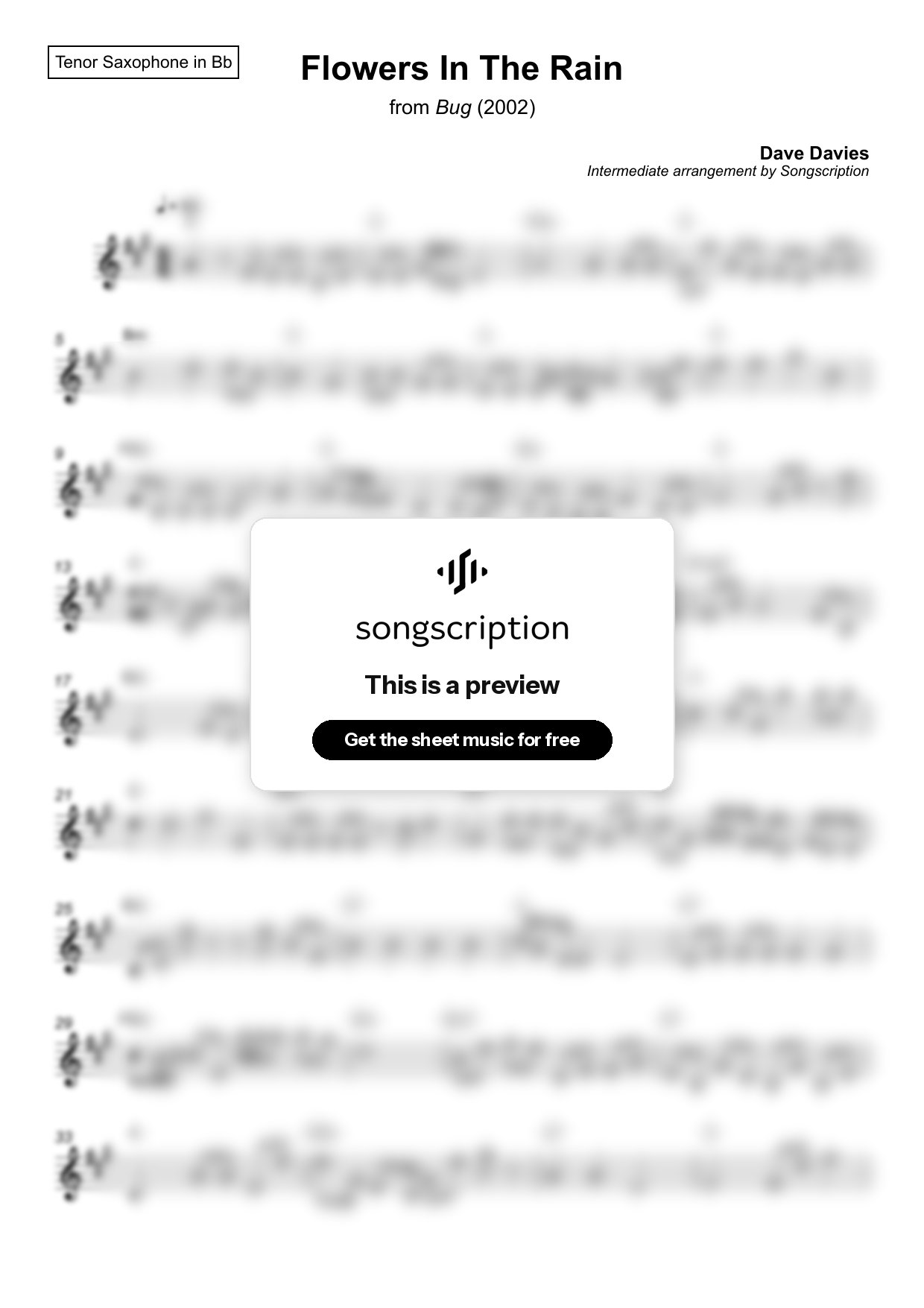 Intermediate Tenor Sax Sheet Music for "Flowers In The Rain" by Dave Davies
