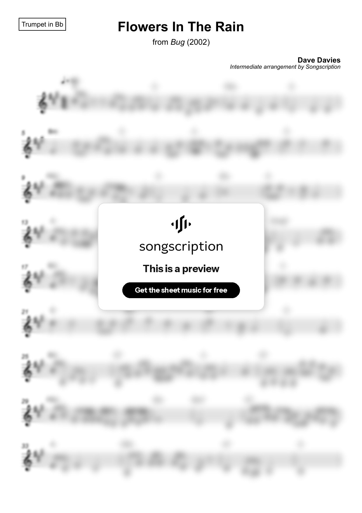 Intermediate Trumpet Sheet Music for "Flowers In The Rain" by Dave Davies