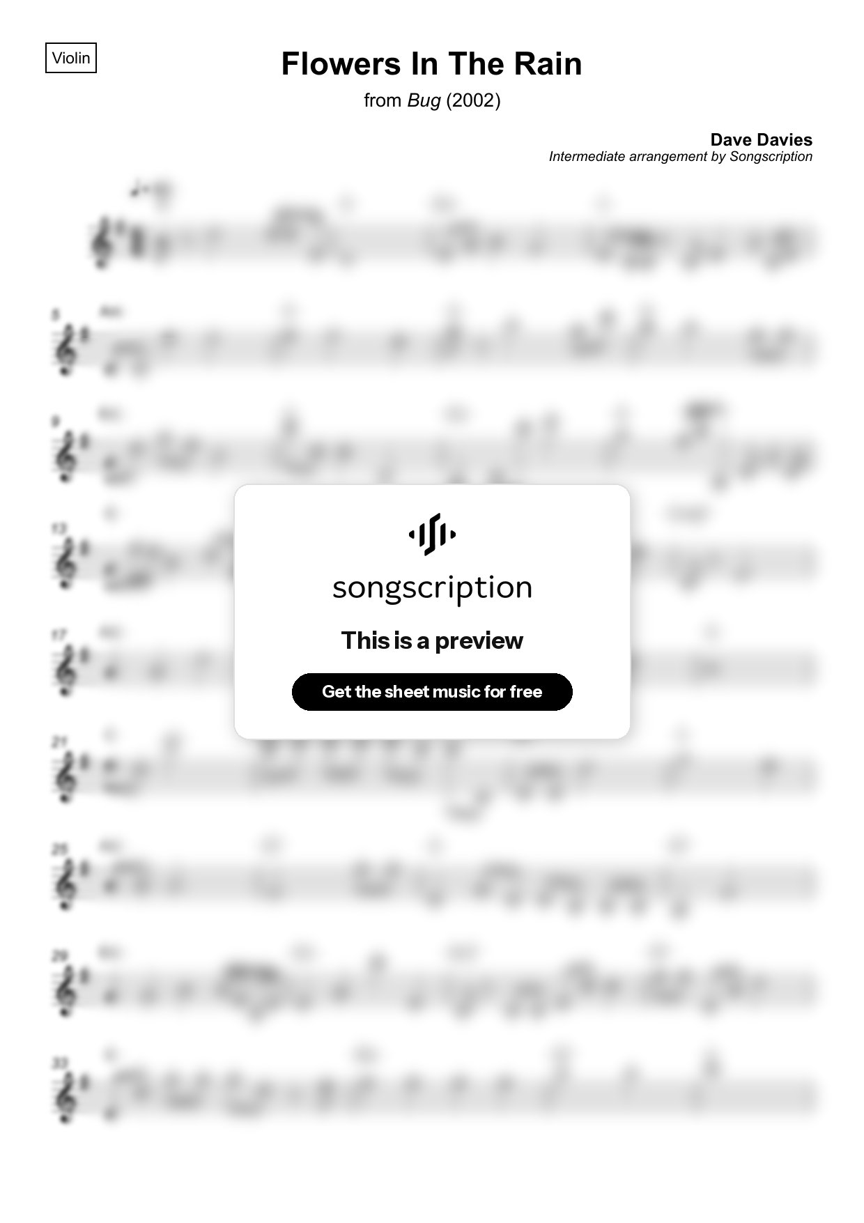 Intermediate Violin Sheet Music for "Flowers In The Rain" by Dave Davies