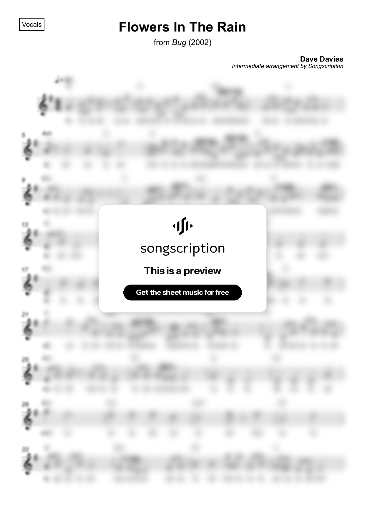 Intermediate Vocals Sheet Music for "Flowers In The Rain" by Dave Davies