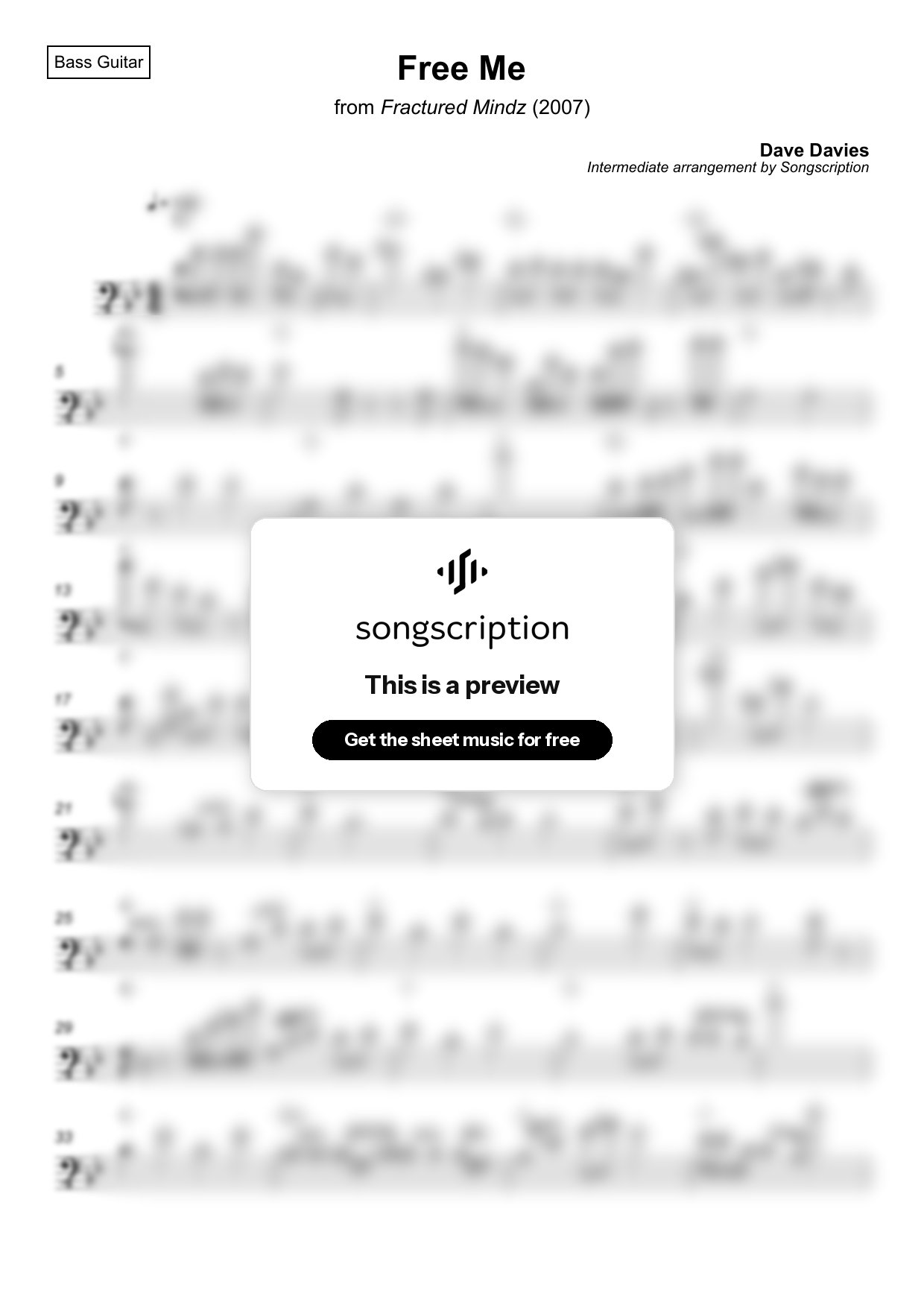 Intermediate Bass Guitar Sheet Music for "Free Me" by Dave Davies