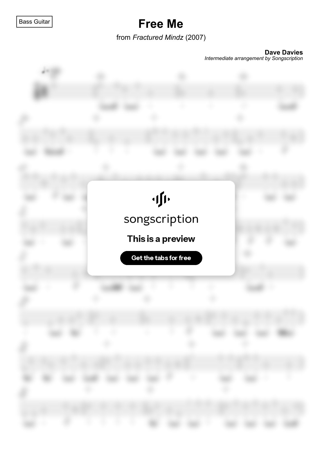 Intermediate Bass Guitar Tabs for "Free Me" by Dave Davies