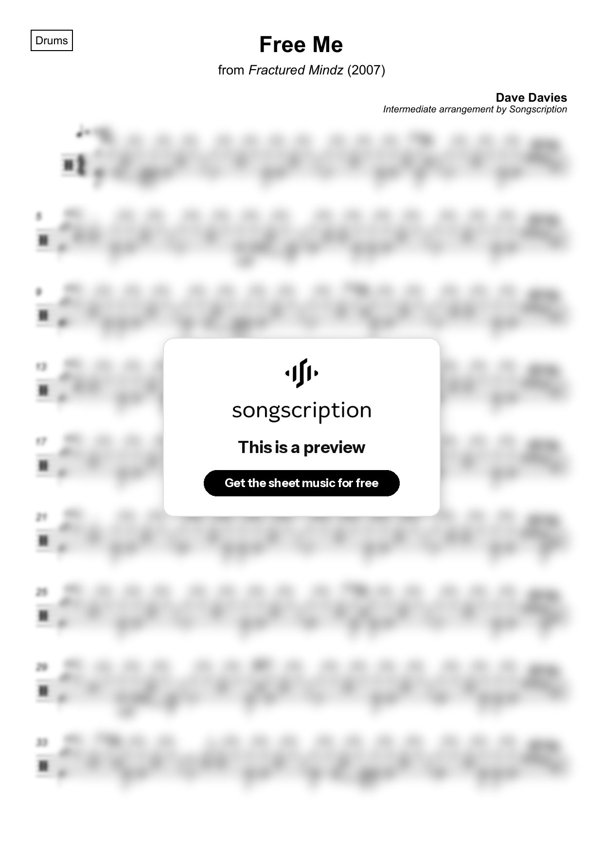 Intermediate Drums Sheet Music for "Free Me" by Dave Davies