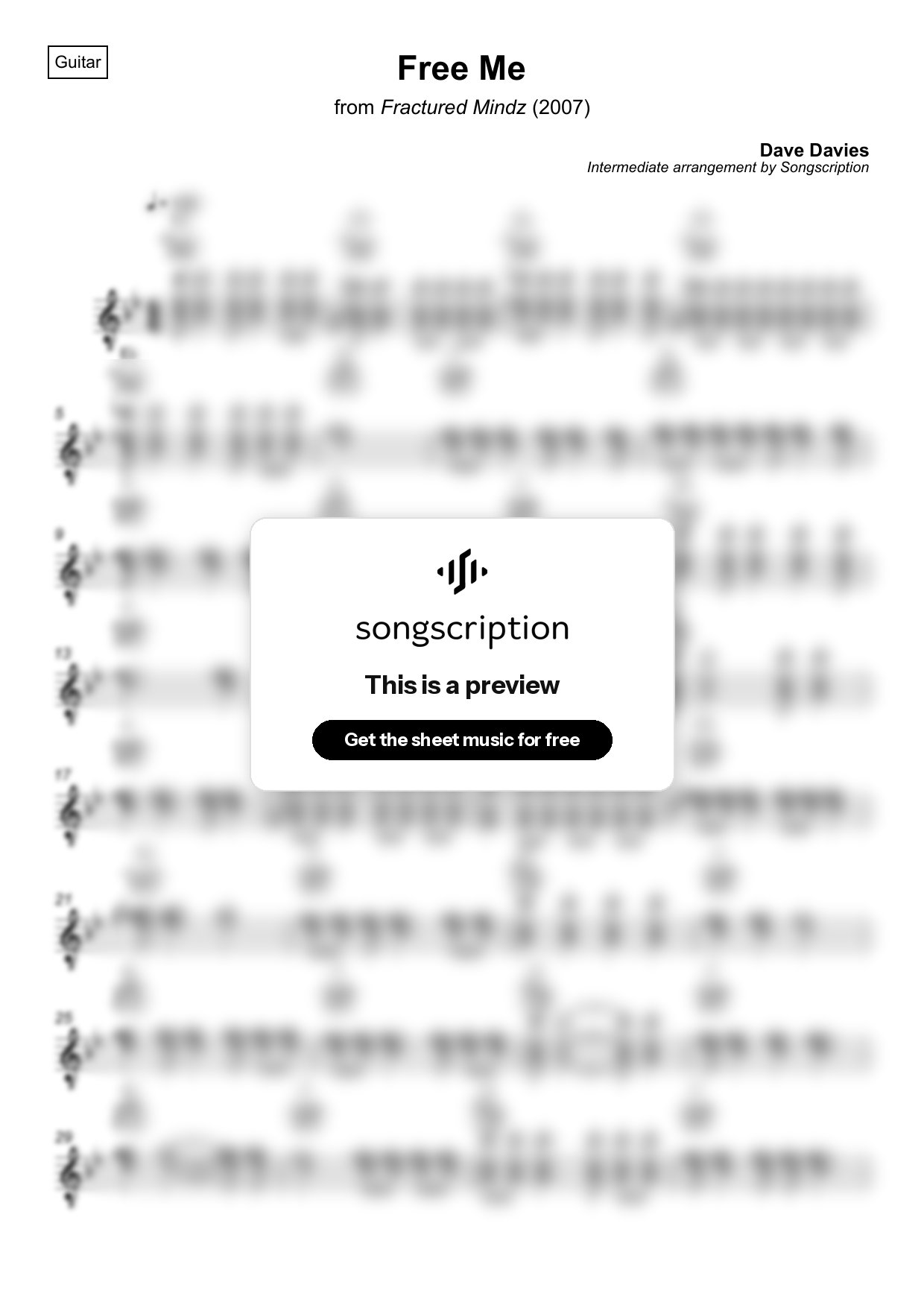 Intermediate Acoustic Guitar Sheet Music for "Free Me" by Dave Davies