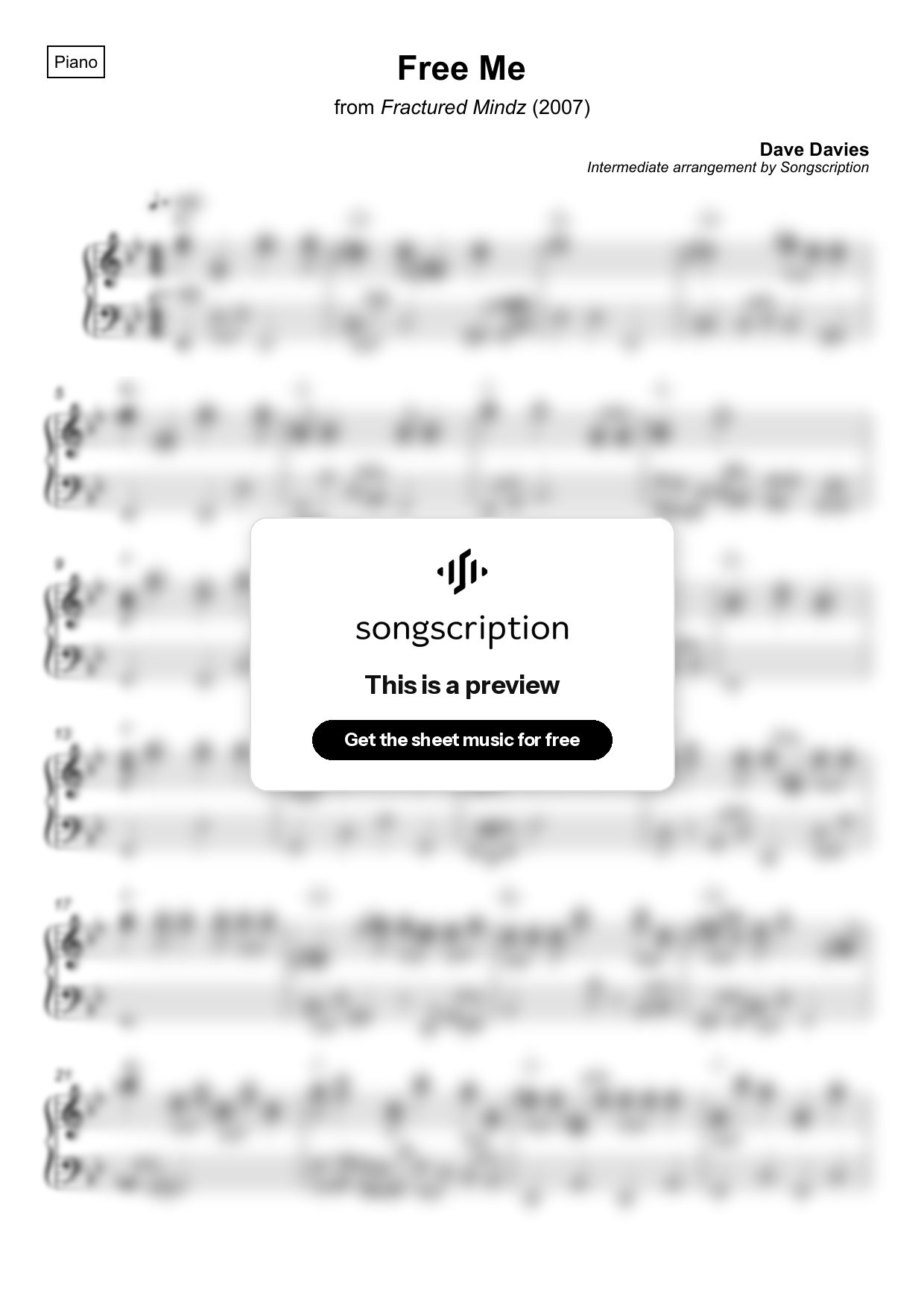 Intermediate Piano Sheet Music for "Free Me" by Dave Davies