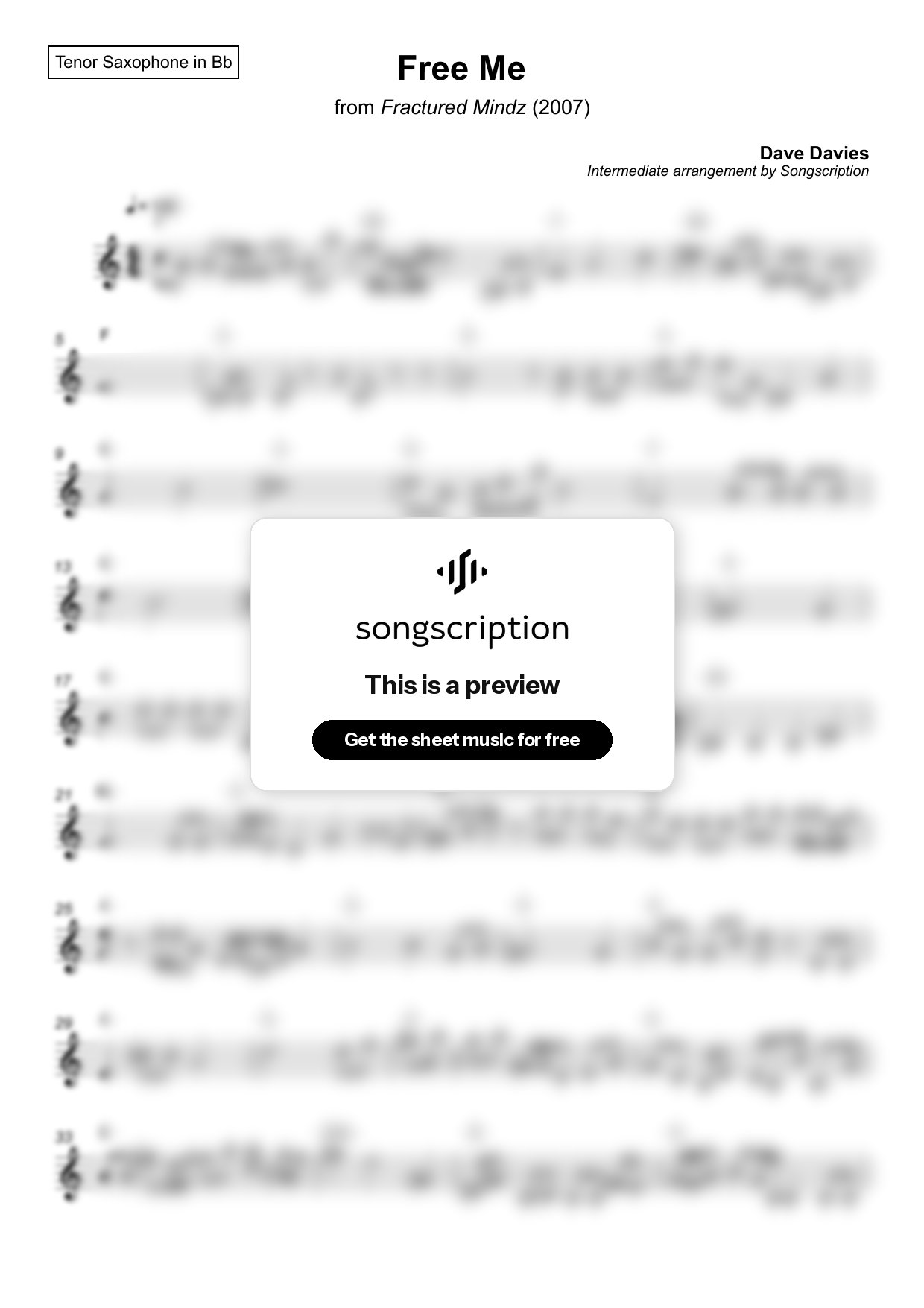 Intermediate Tenor Sax Sheet Music for "Free Me" by Dave Davies