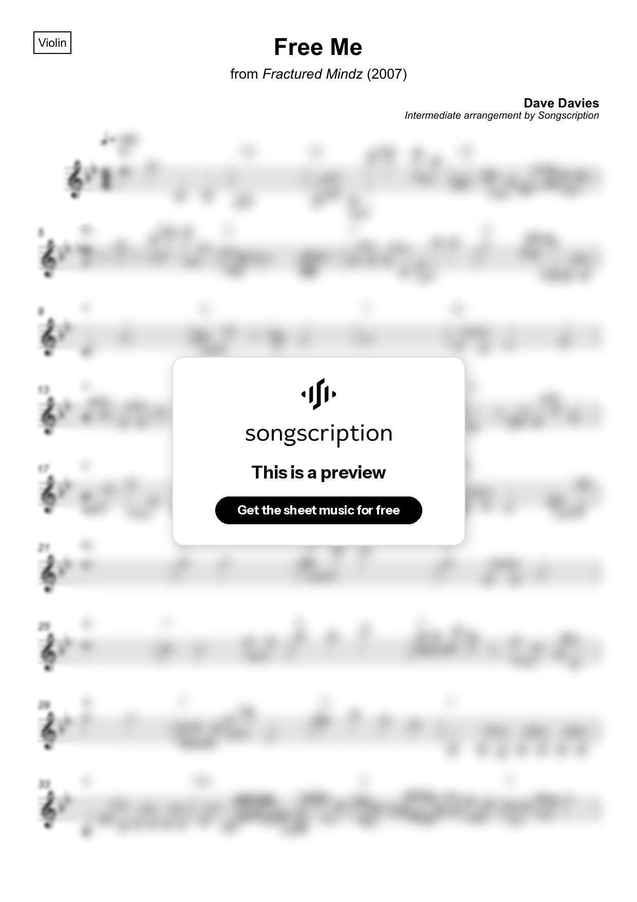 Intermediate Violin Sheet Music for "Free Me" by Dave Davies