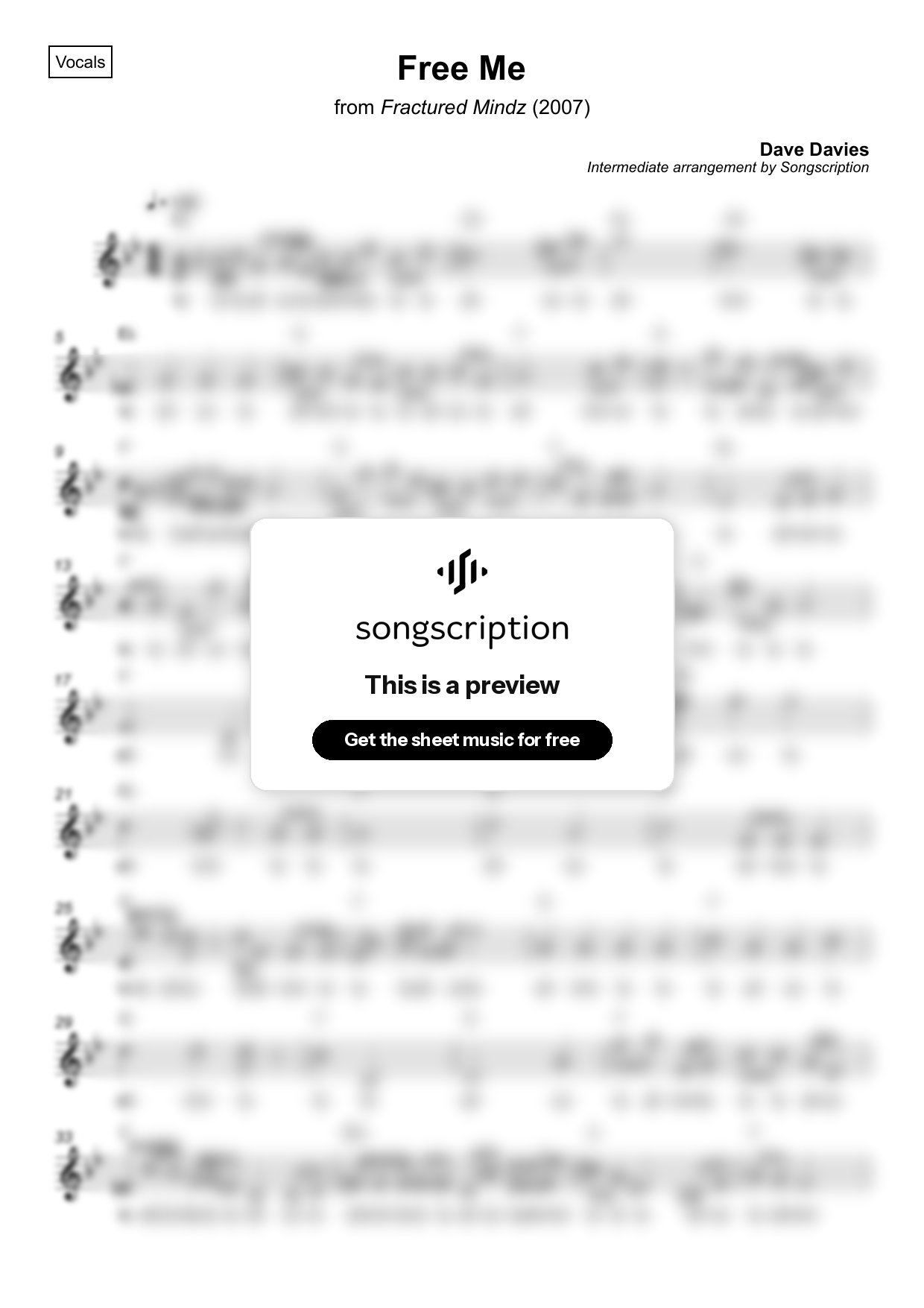Intermediate Vocals Sheet Music for "Free Me" by Dave Davies