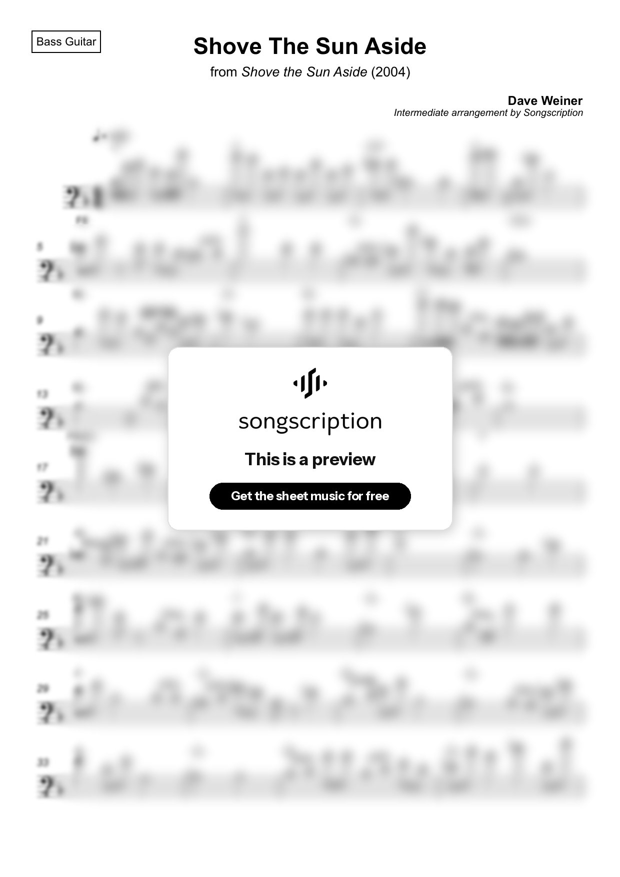 Intermediate Bass Guitar Sheet Music for "Shove The Sun Aside" by Dave Weiner