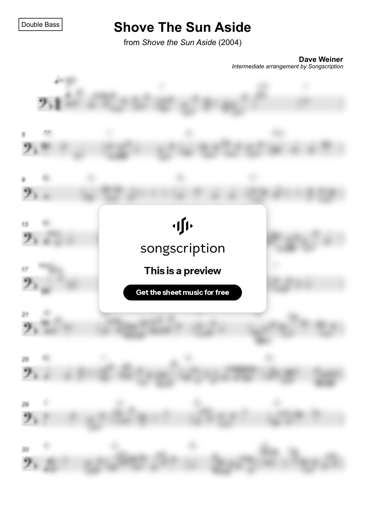 Intermediate Double Bass Sheet Music for "Shove The Sun Aside" by Dave Weiner