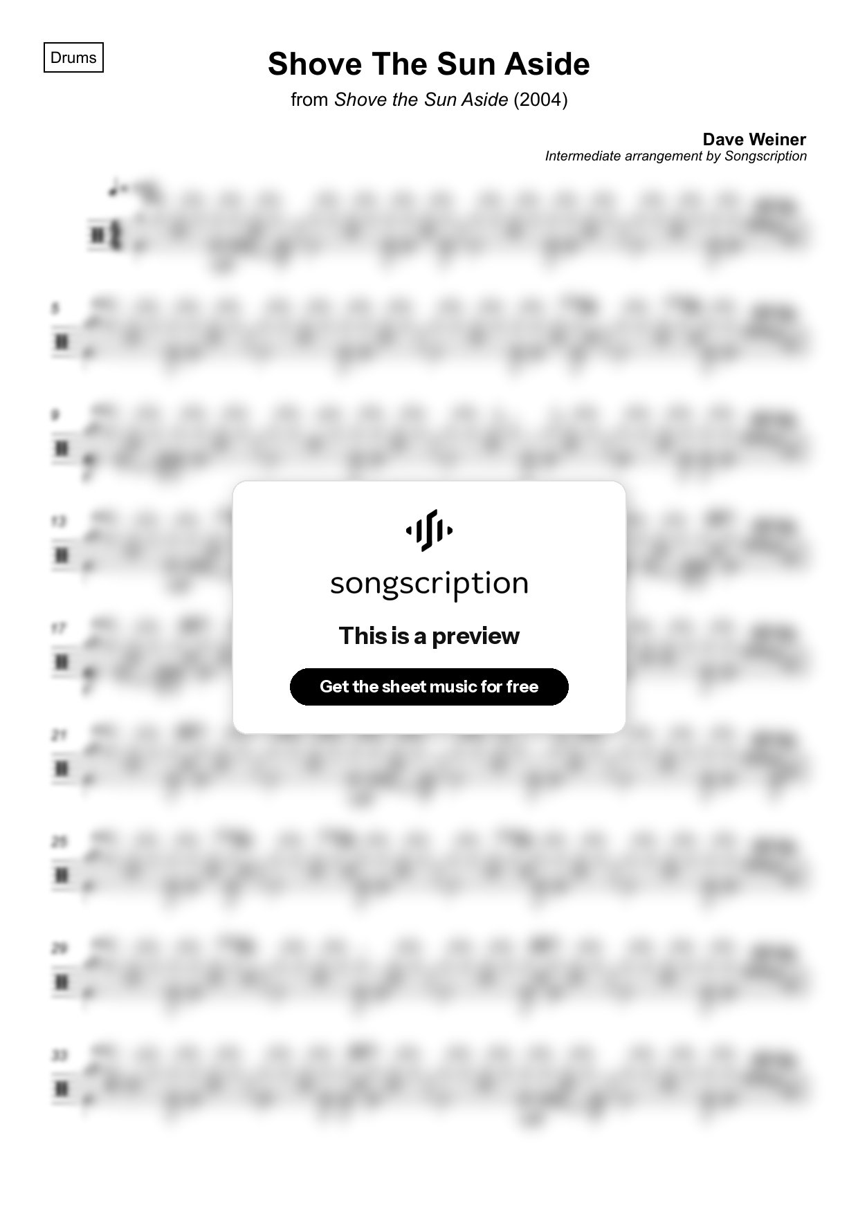 Intermediate Drums Sheet Music for "Shove The Sun Aside" by Dave Weiner