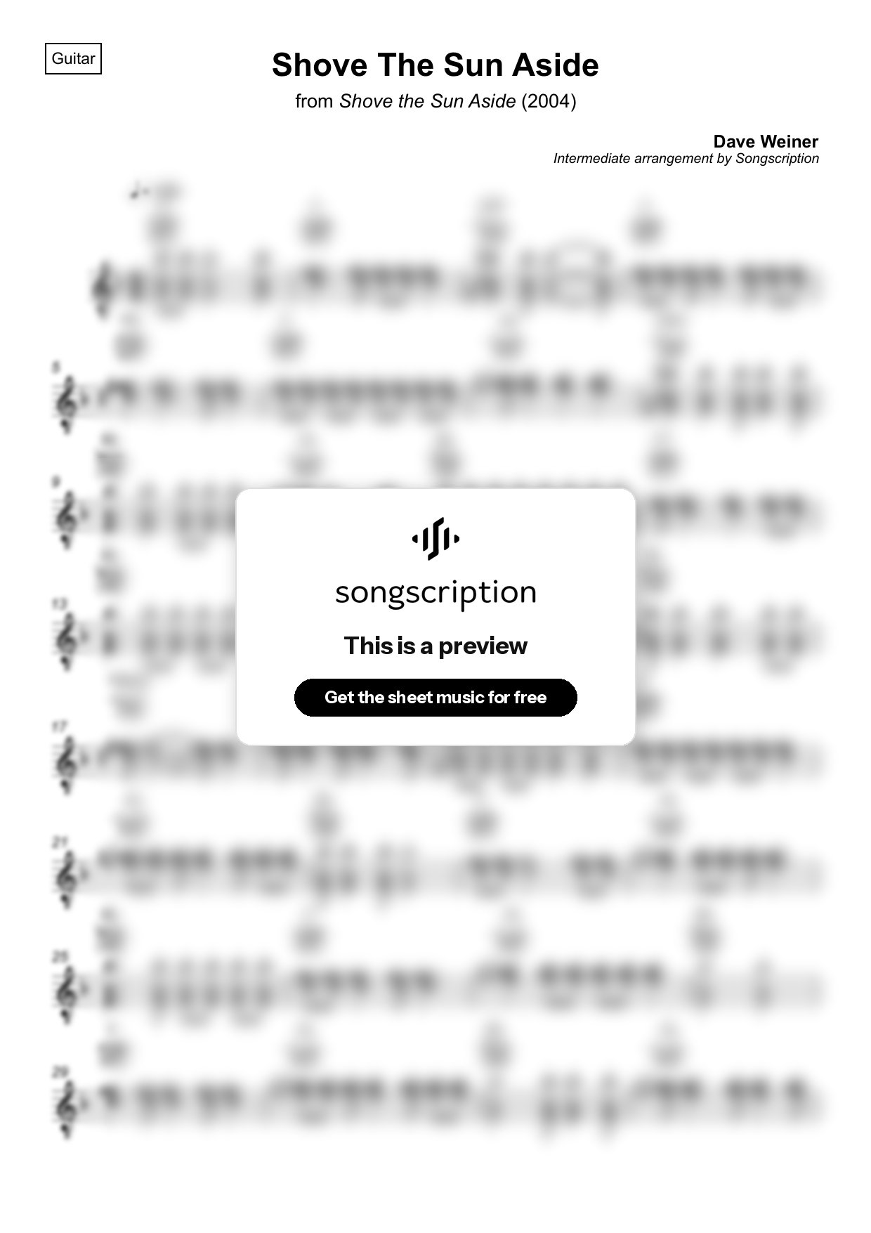 Intermediate Acoustic Guitar Sheet Music for "Shove The Sun Aside" by Dave Weiner
