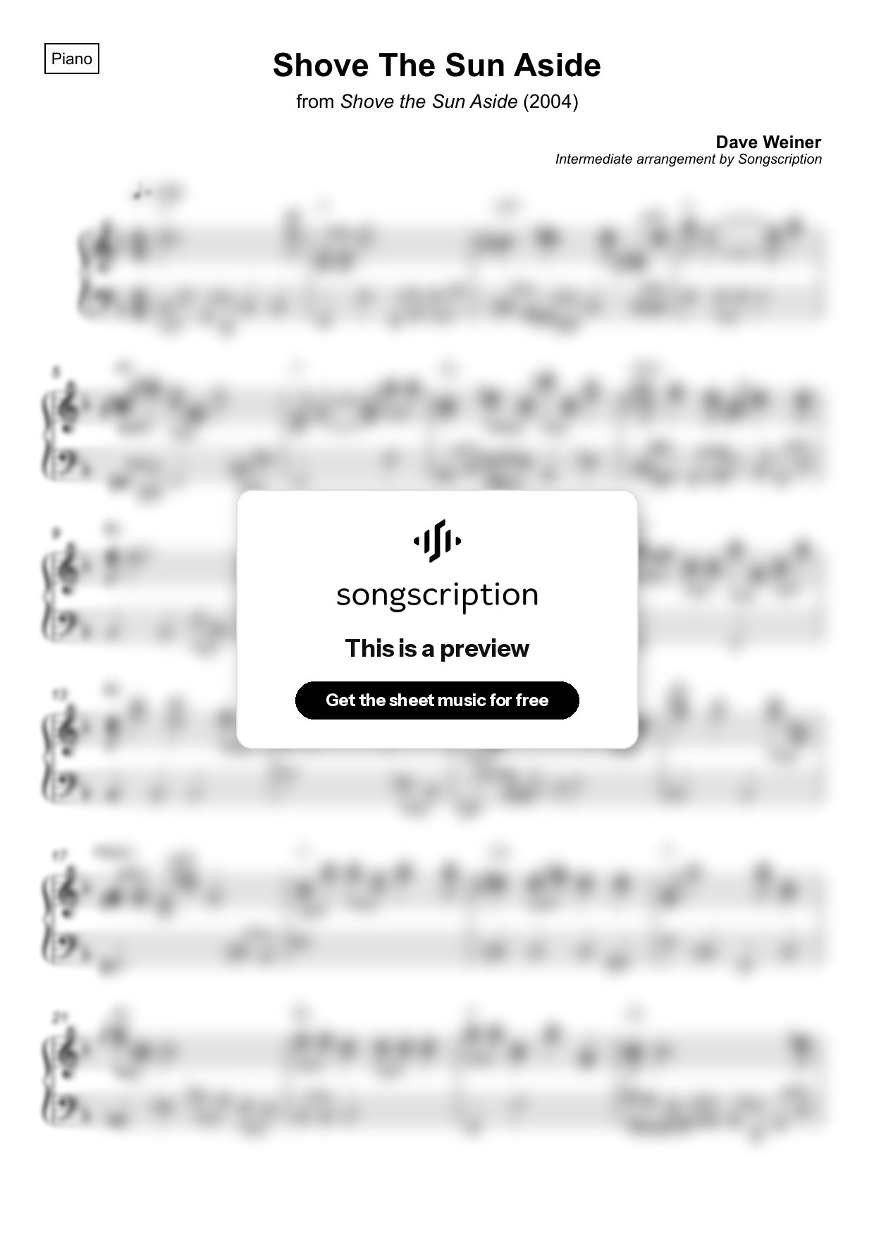 Intermediate Piano Sheet Music for "Shove The Sun Aside" by Dave Weiner