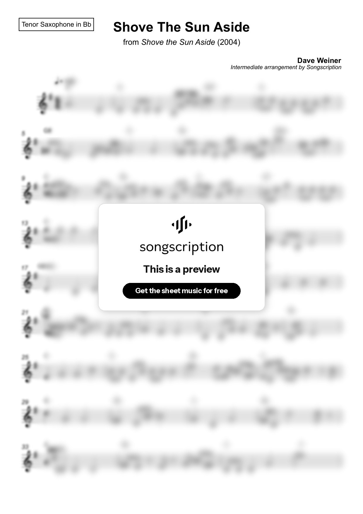 Intermediate Tenor Sax Sheet Music for "Shove The Sun Aside" by Dave Weiner