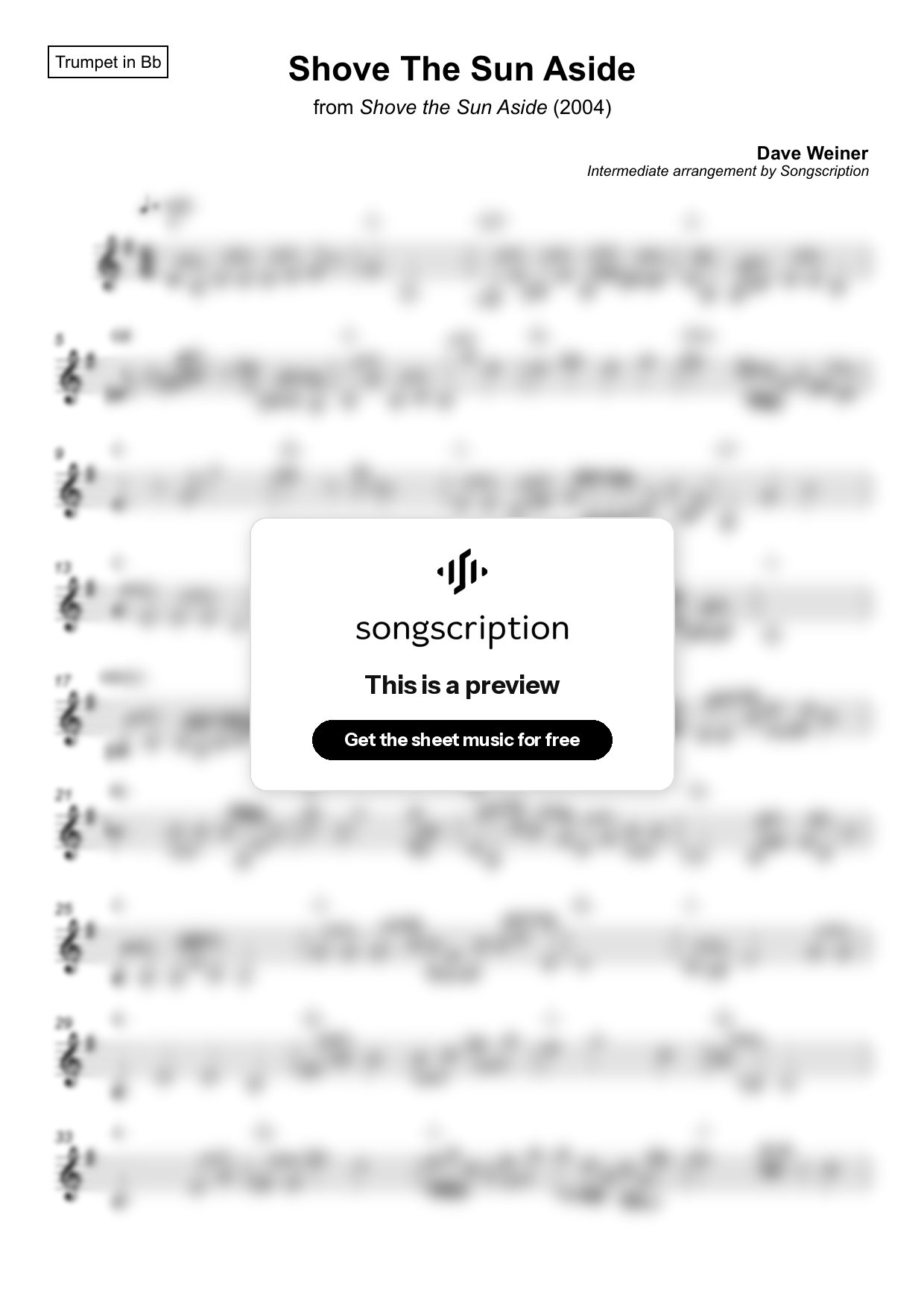 Intermediate Trumpet Sheet Music for "Shove The Sun Aside" by Dave Weiner