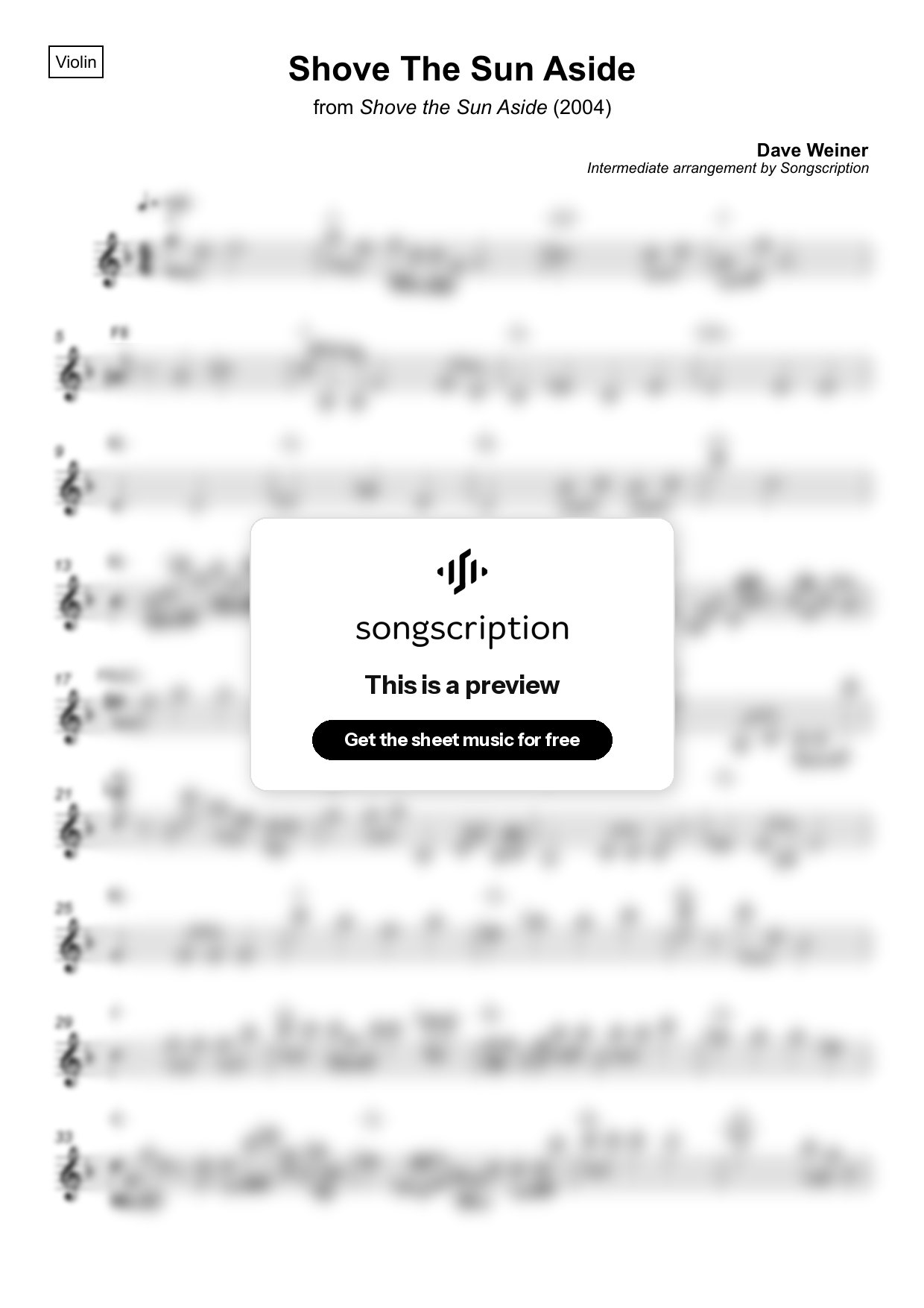 Intermediate Violin Sheet Music for "Shove The Sun Aside" by Dave Weiner