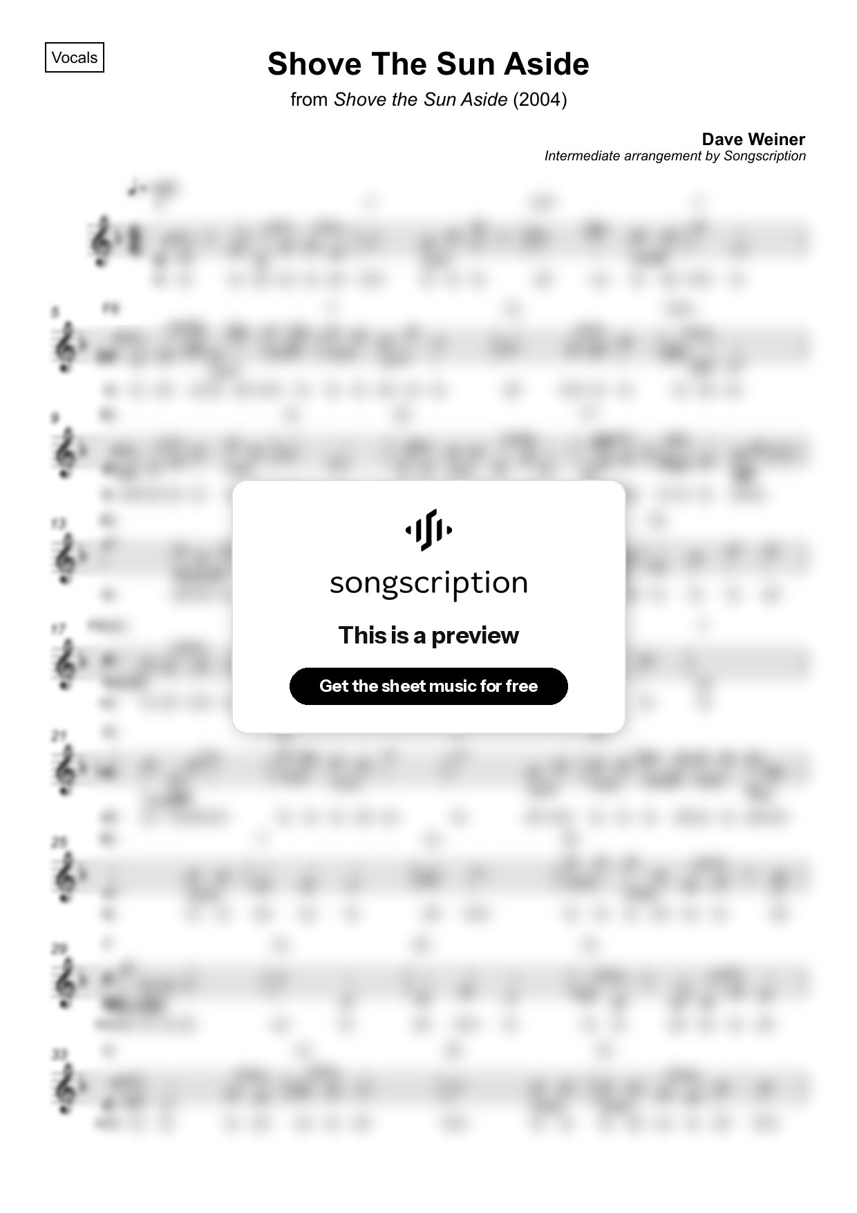 Intermediate Vocals Sheet Music for "Shove The Sun Aside" by Dave Weiner