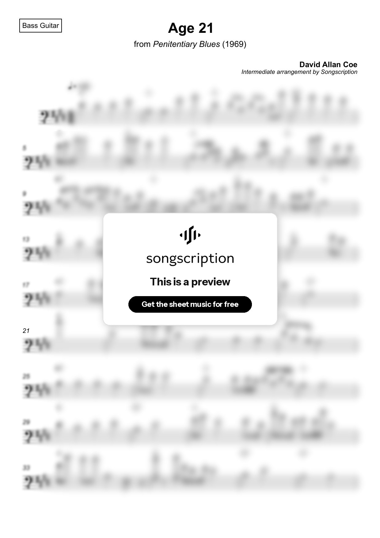 Intermediate Bass Guitar Sheet Music for "Age 21" by David Allan Coe