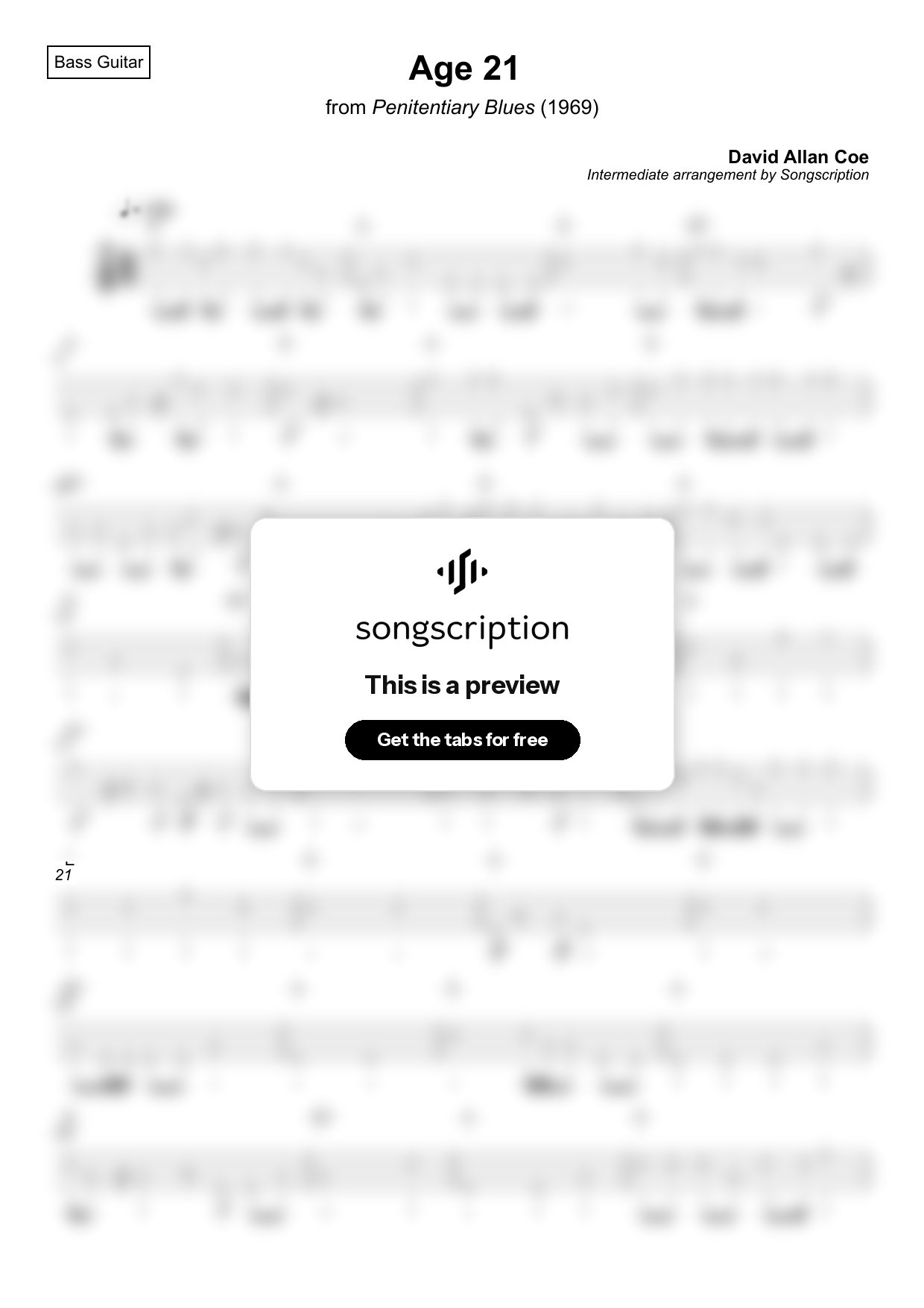 Intermediate Bass Guitar Tabs for "Age 21" by David Allan Coe