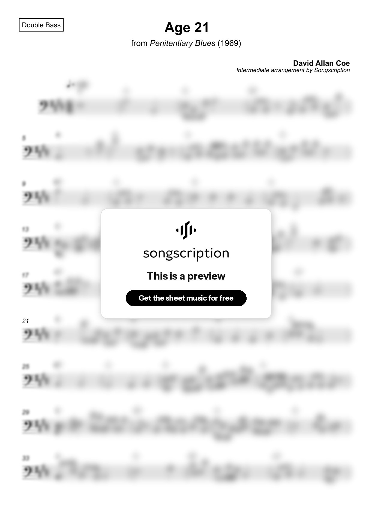 Intermediate Double Bass Sheet Music for "Age 21" by David Allan Coe