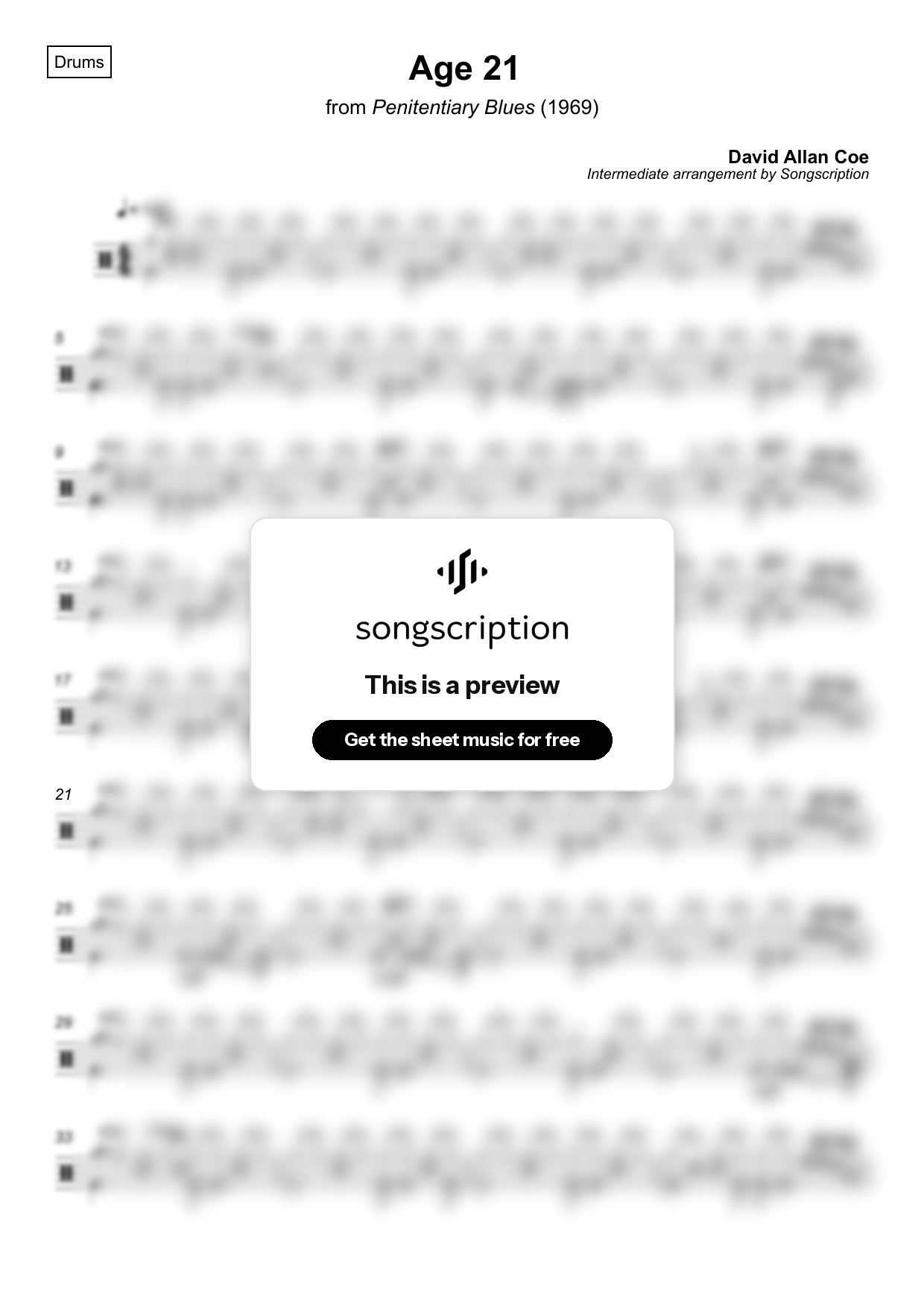 Intermediate Drums Sheet Music for "Age 21" by David Allan Coe