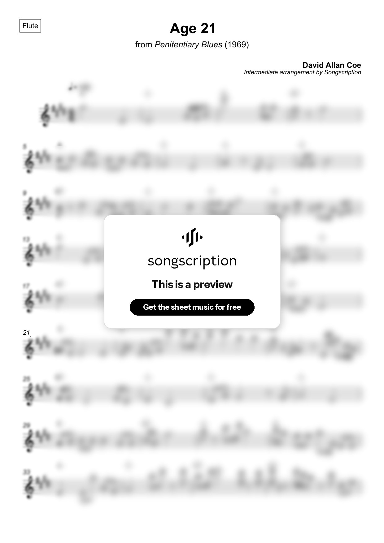 Intermediate Flute Sheet Music for "Age 21" by David Allan Coe