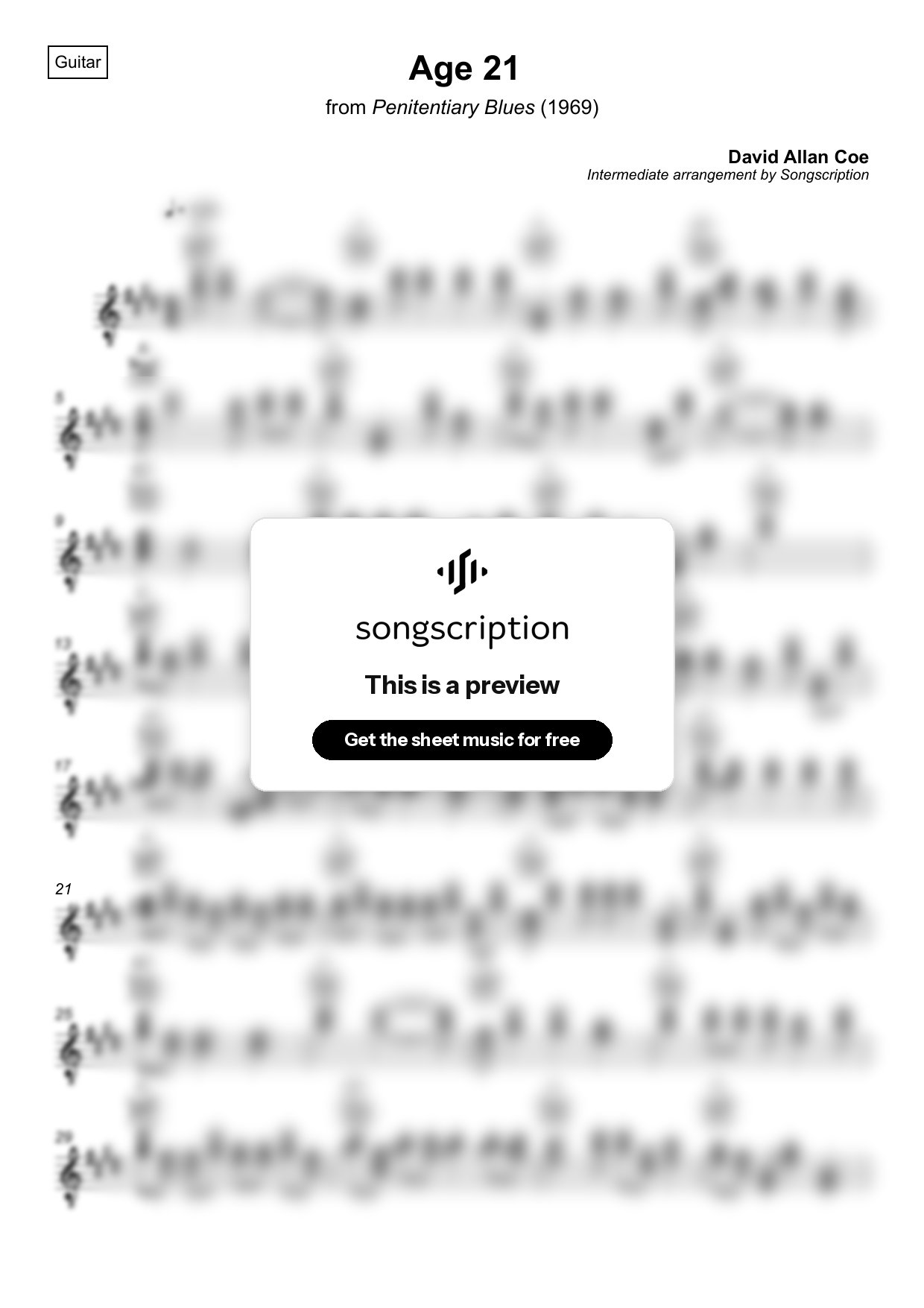 Intermediate Acoustic Guitar Sheet Music for "Age 21" by David Allan Coe