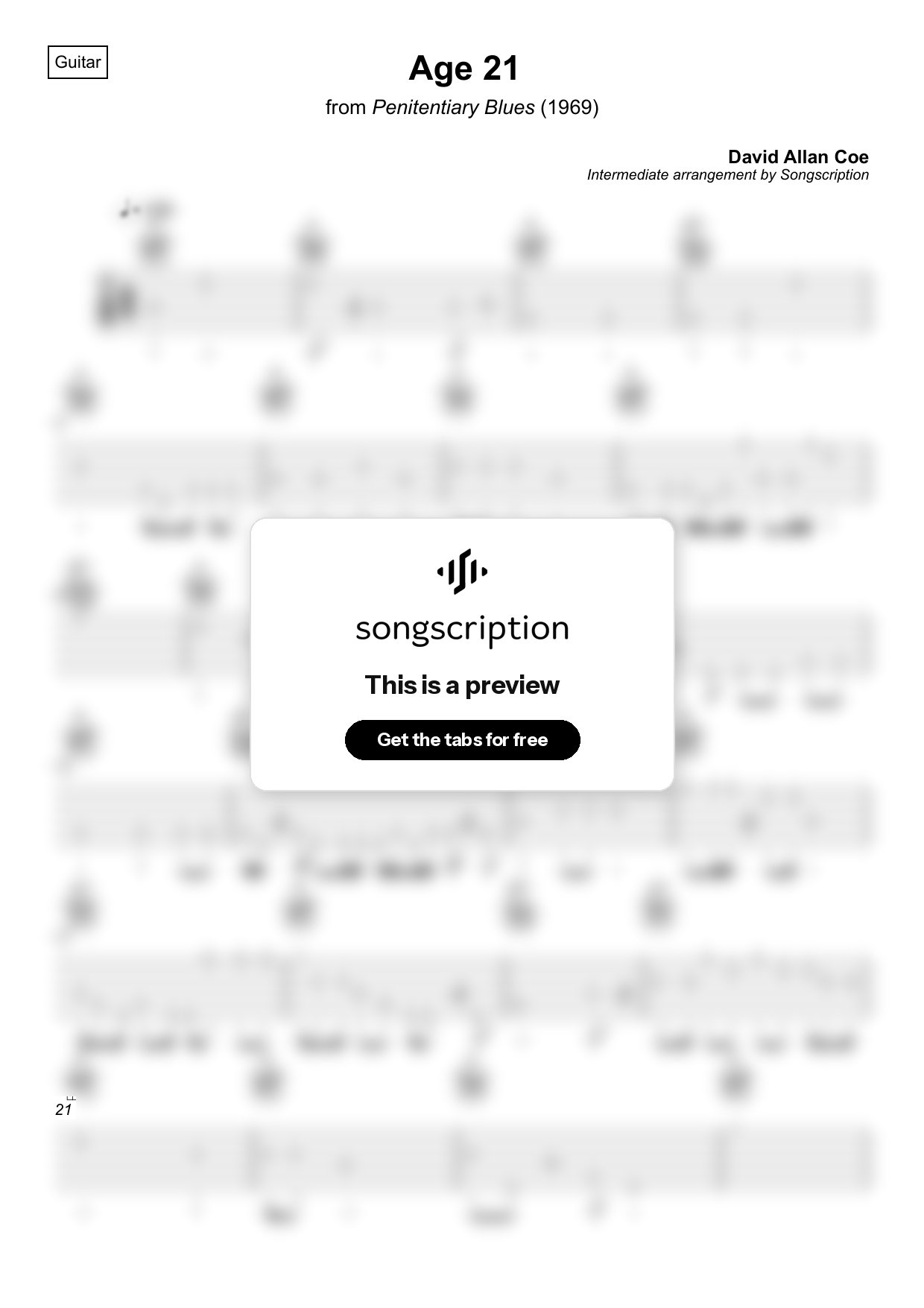Intermediate Acoustic Guitar Tabs for "Age 21" by David Allan Coe