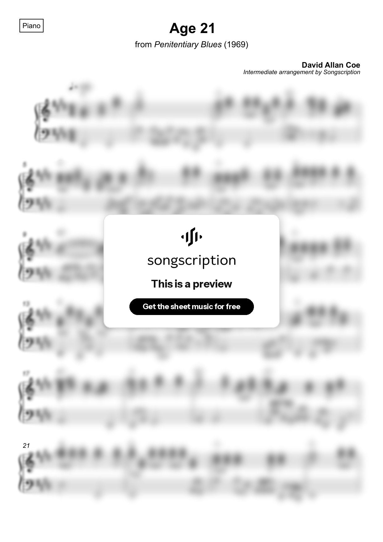 Intermediate Piano Sheet Music for "Age 21" by David Allan Coe