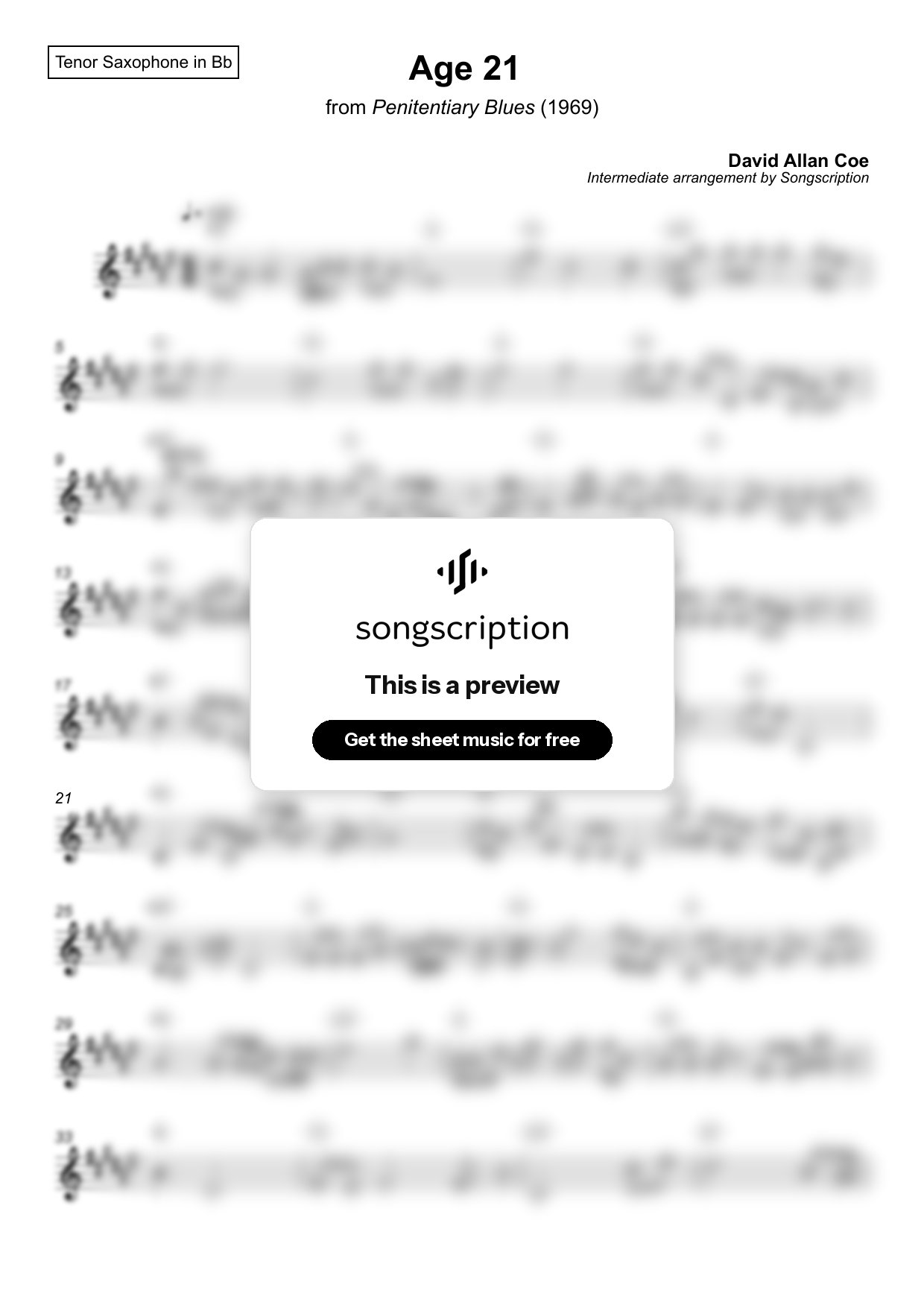 Intermediate Tenor Sax Sheet Music for "Age 21" by David Allan Coe