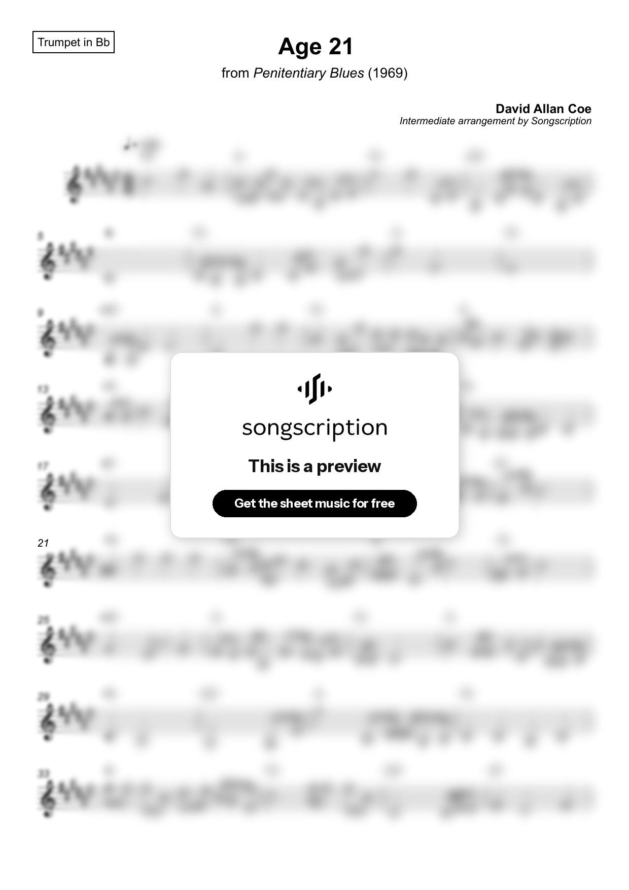 Intermediate Trumpet Sheet Music for "Age 21" by David Allan Coe