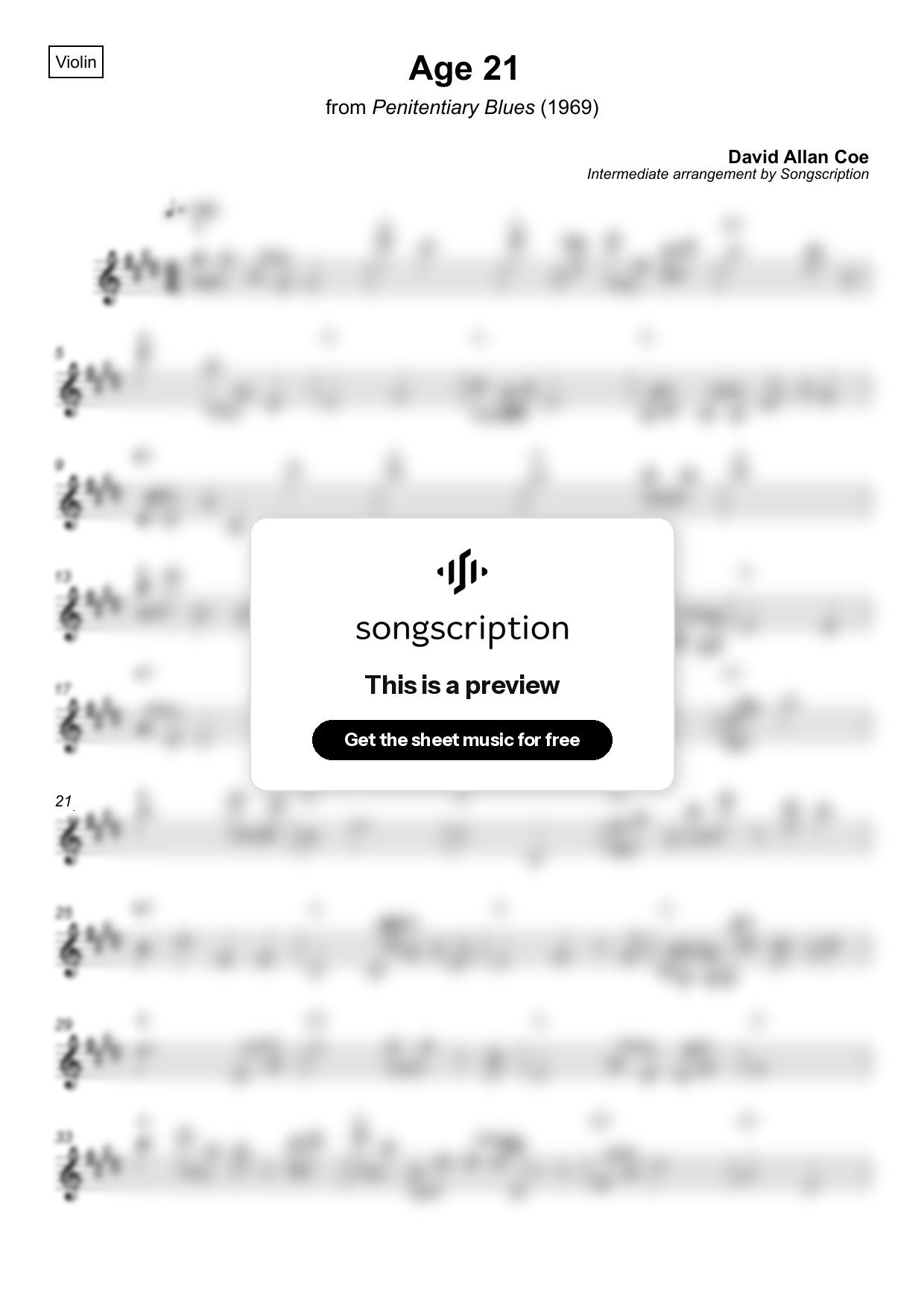 Intermediate Violin Sheet Music for "Age 21" by David Allan Coe