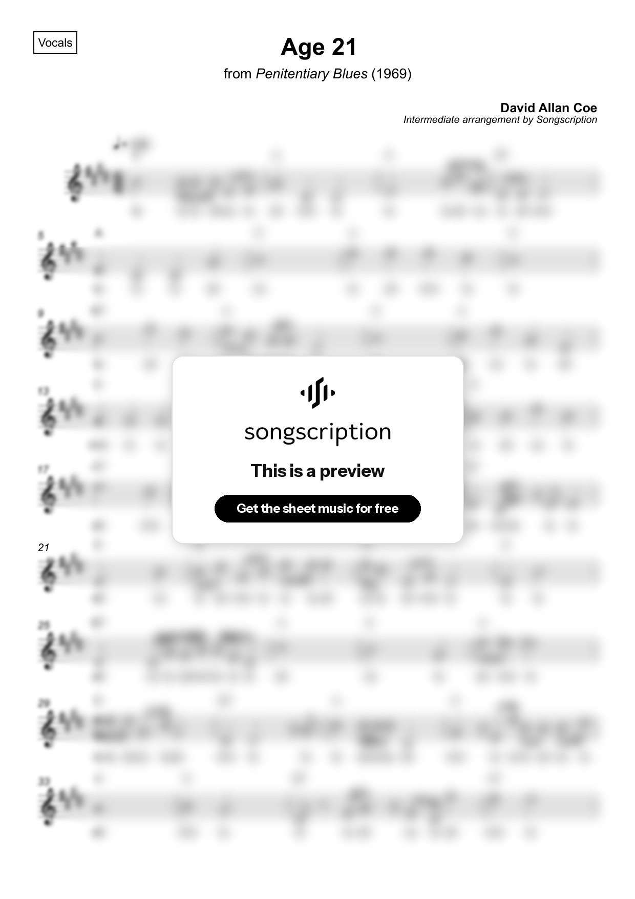 Intermediate Vocals Sheet Music for "Age 21" by David Allan Coe
