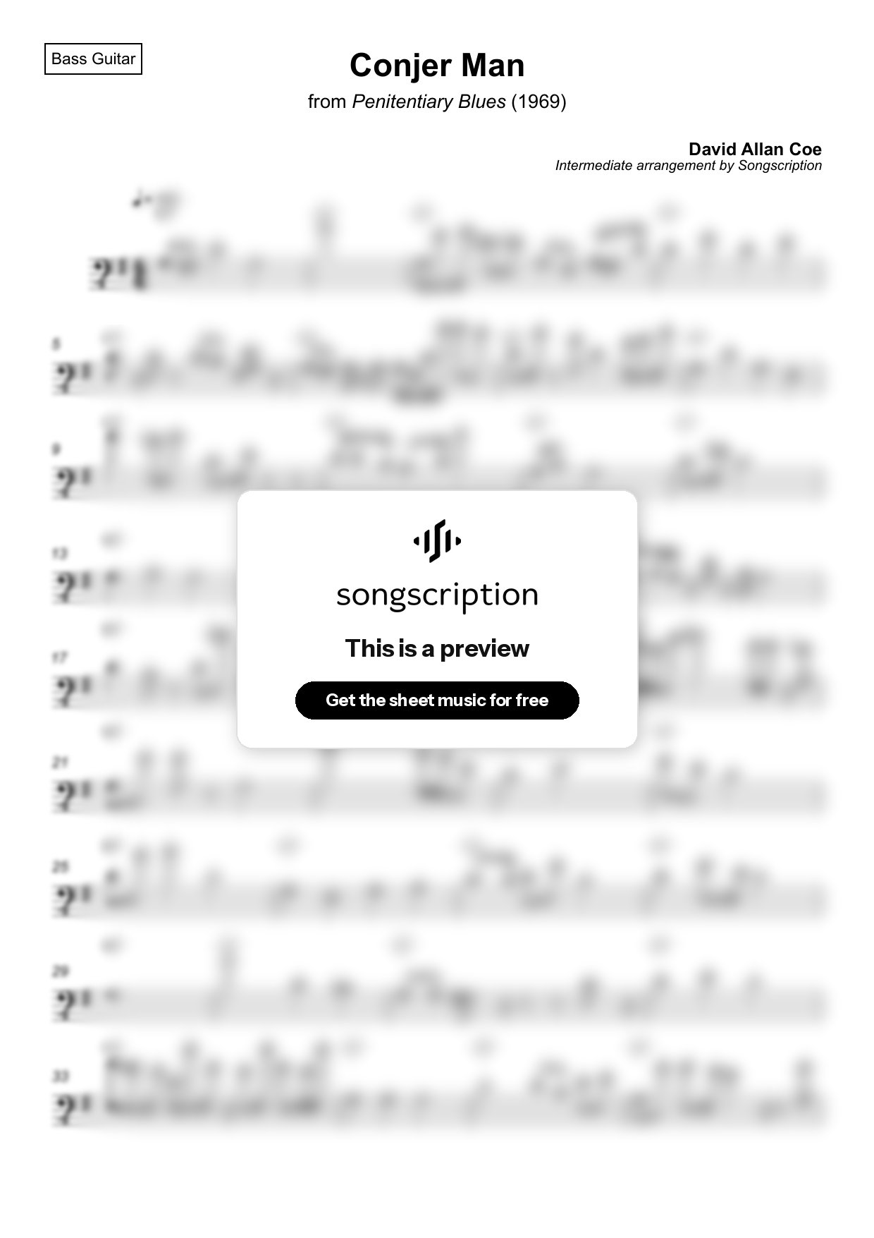 Intermediate Bass Guitar Sheet Music for "Conjer Man" by David Allan Coe