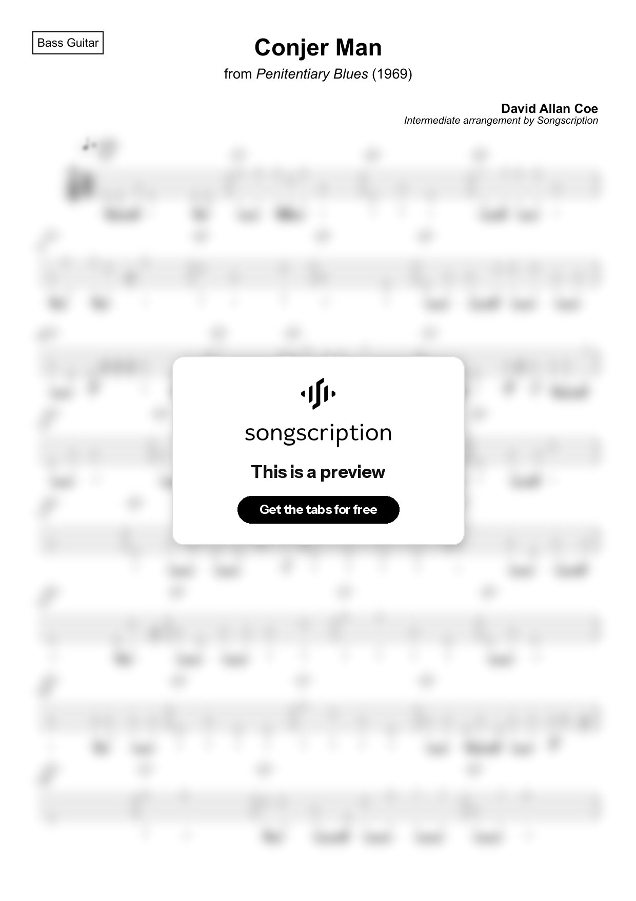 Intermediate Bass Guitar Tabs for "Conjer Man" by David Allan Coe
