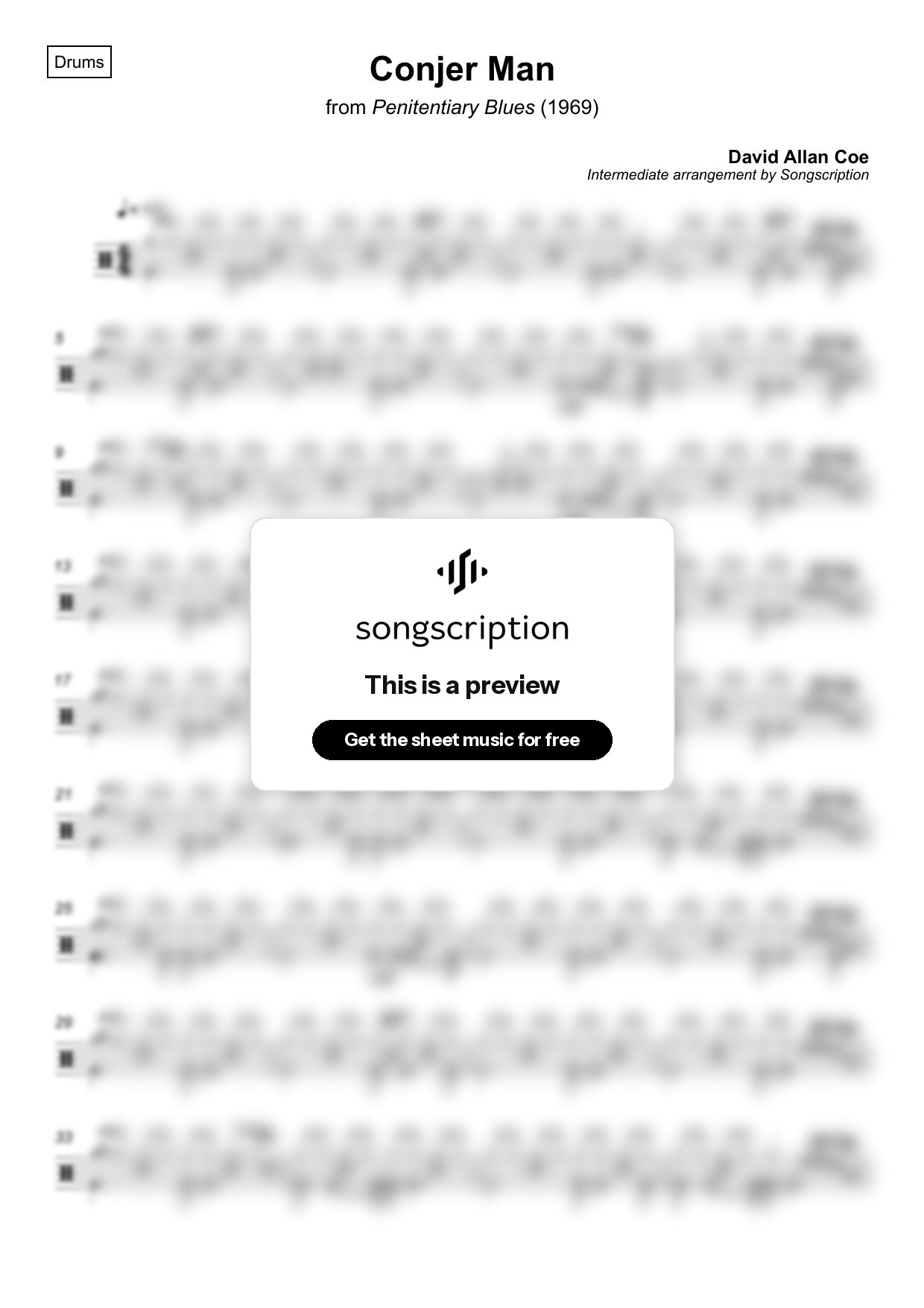 Intermediate Drums Sheet Music for "Conjer Man" by David Allan Coe