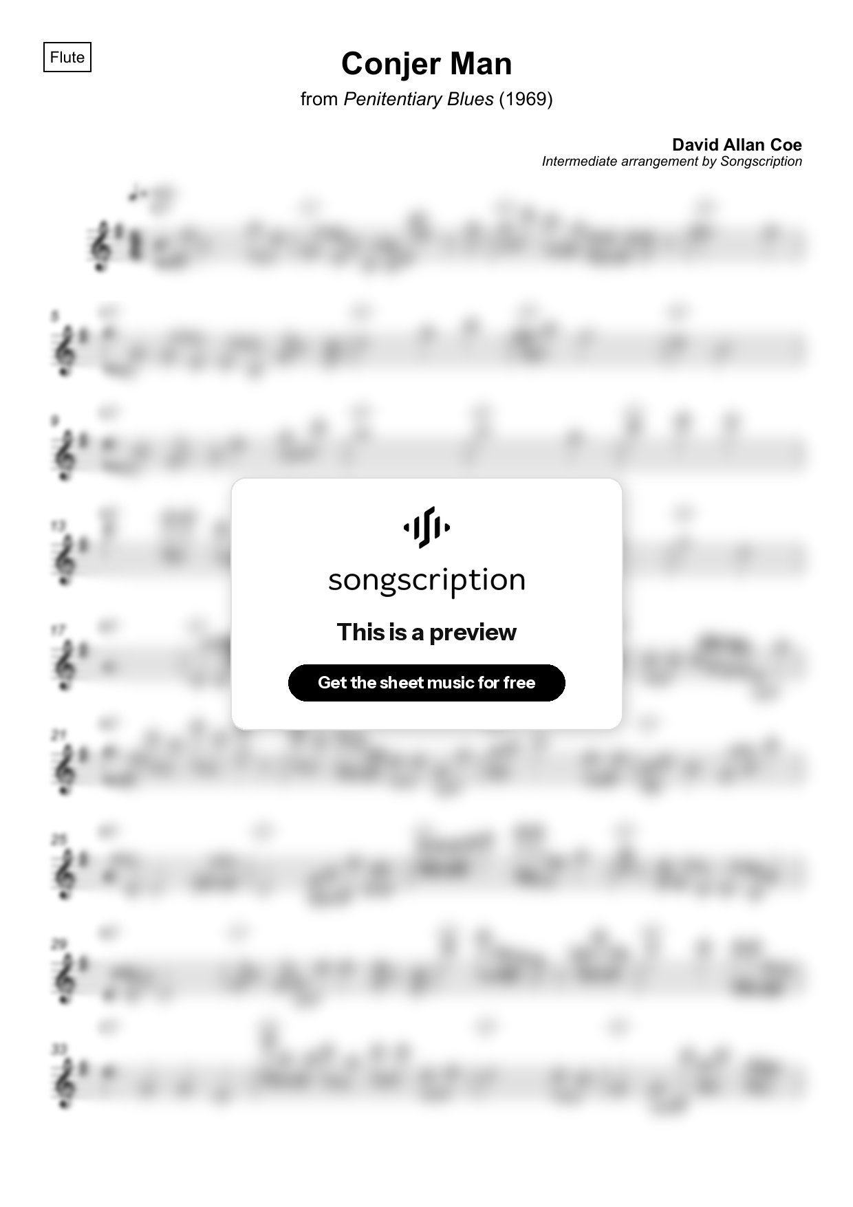 Intermediate Flute Sheet Music for "Conjer Man" by David Allan Coe