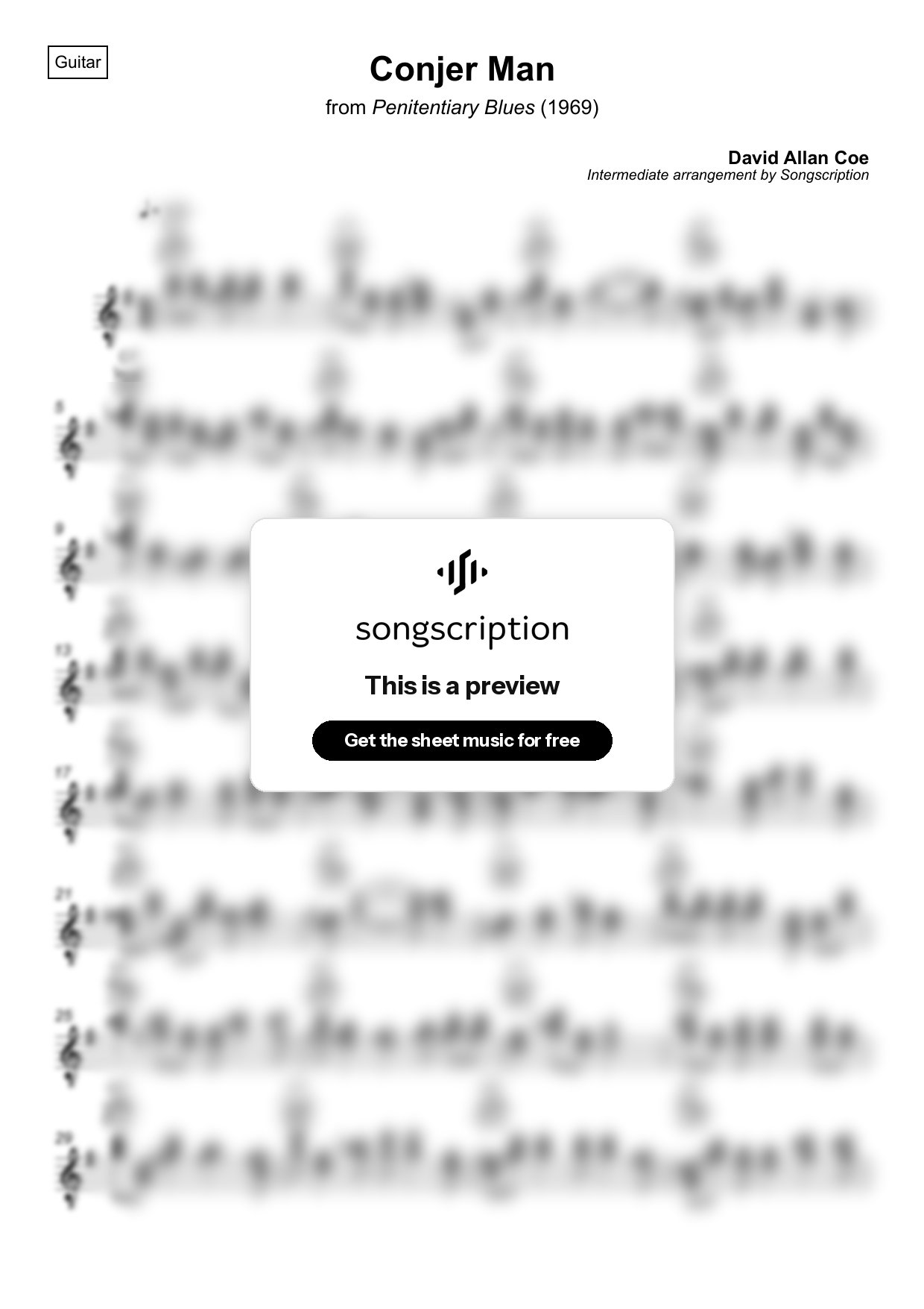 Intermediate Acoustic Guitar Sheet Music for "Conjer Man" by David Allan Coe